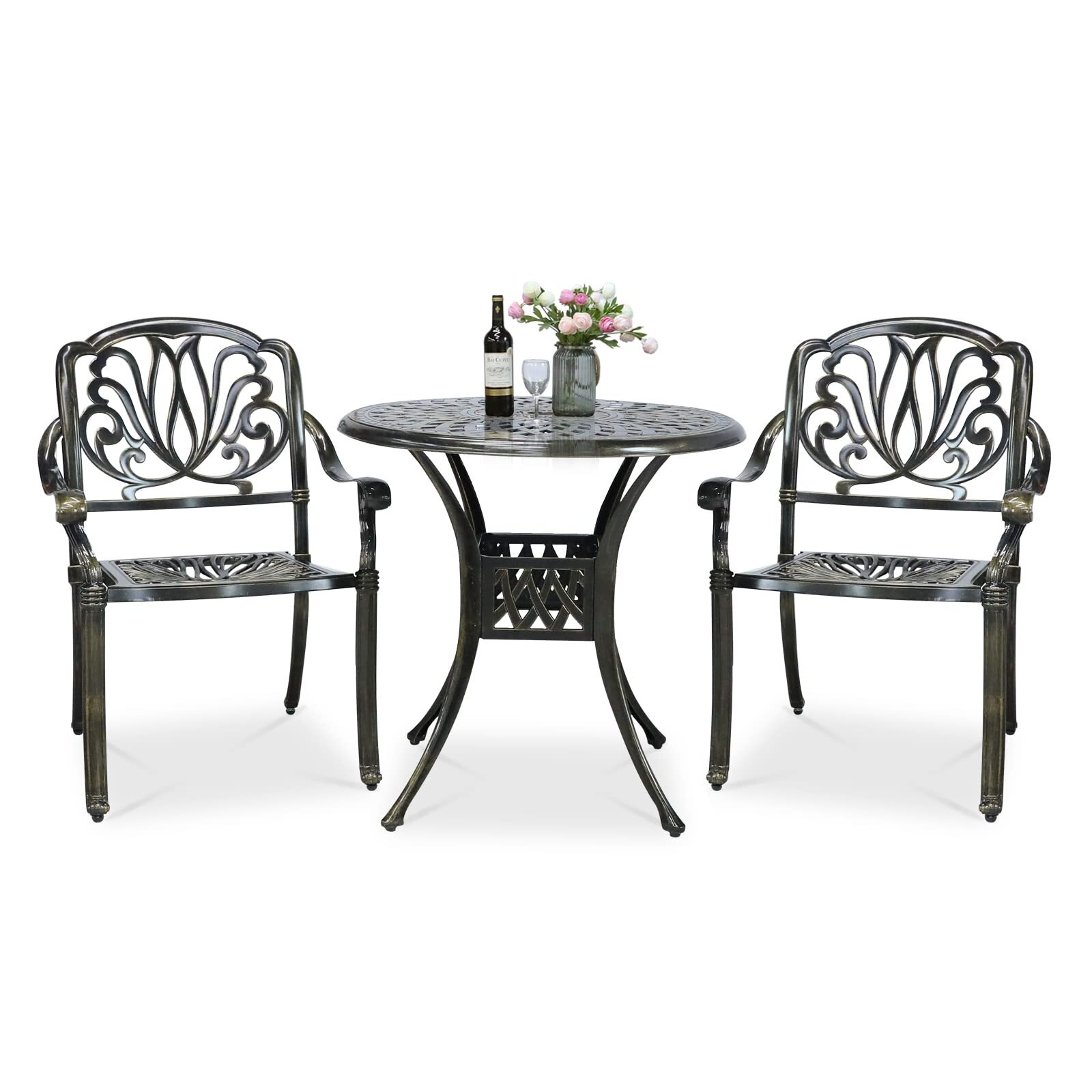 3-Piece Patio Furniture Dining Set All-Weather Outdoor Cast Aluminum Bistro Set