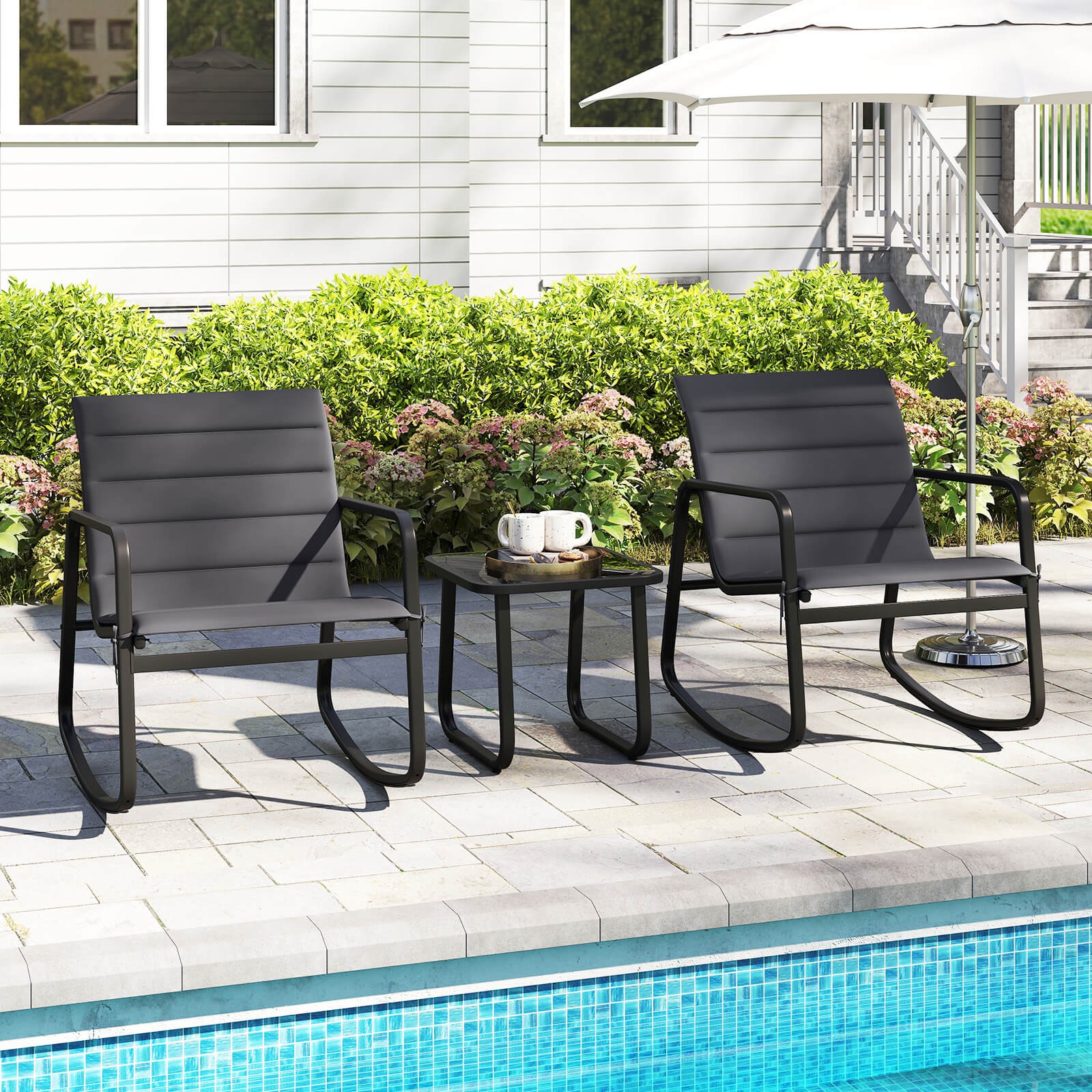 3PCS Outdoor Rocking Bistro Set w/Soft Cushions, Tempered Glass Table for Porch