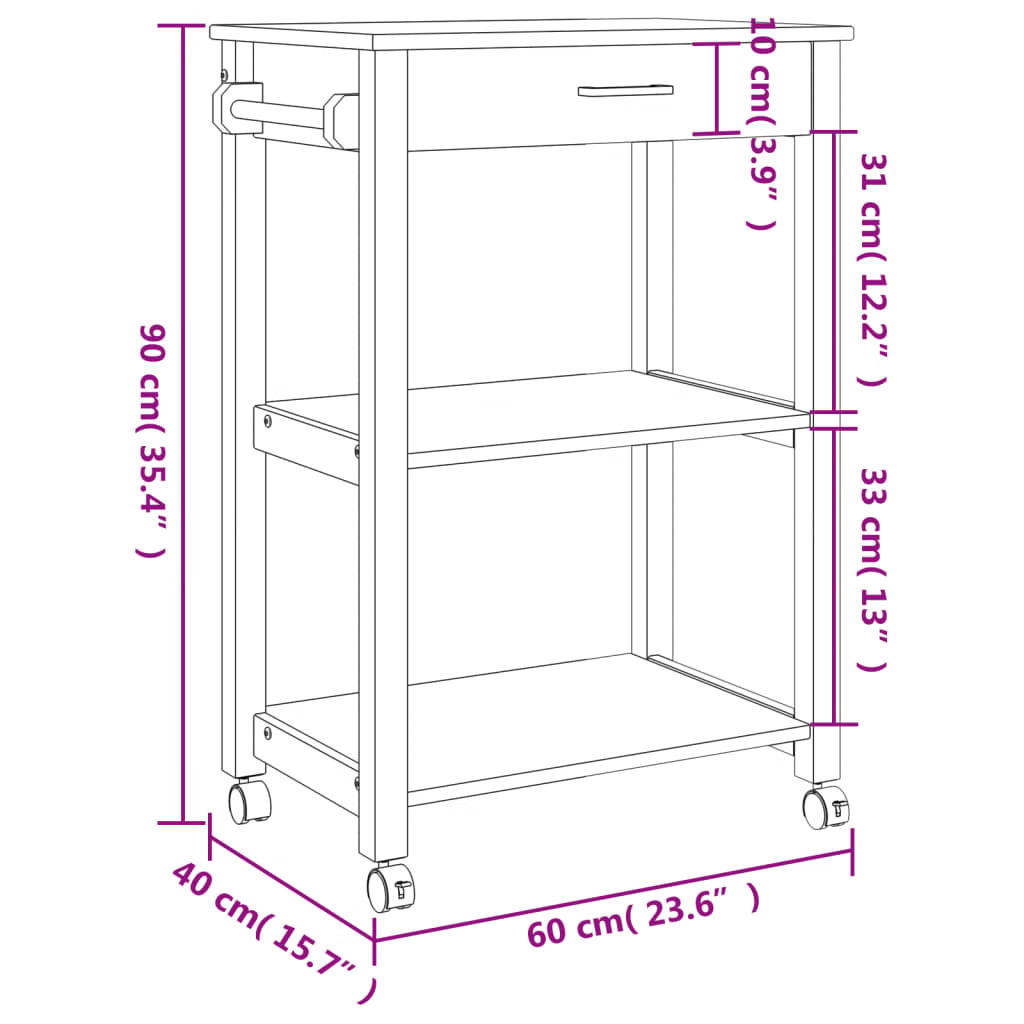 Kitchen Trolley MONZA 23.6″x15.7″x34.8″ Solid Wood Pine