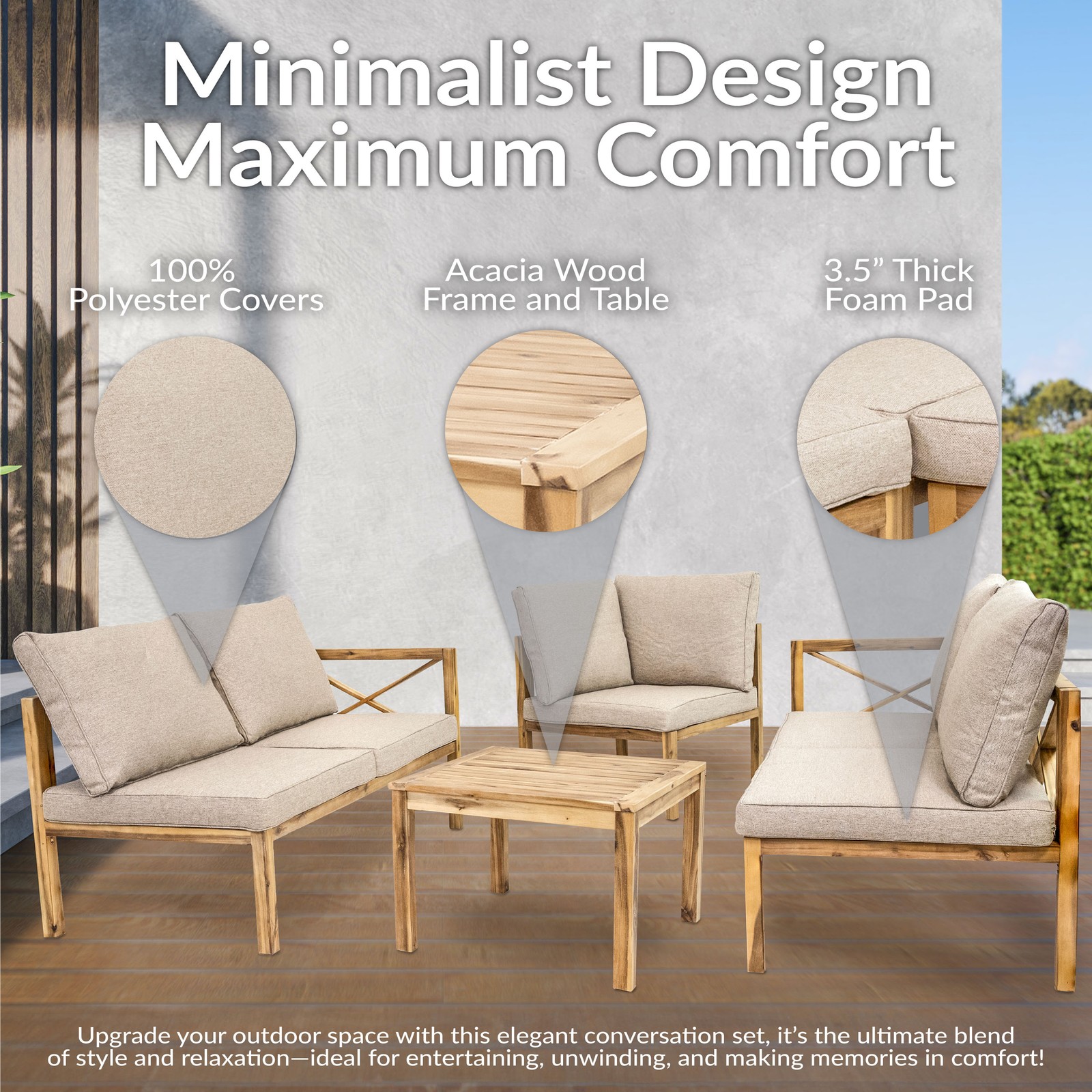 Edisto 4-Piece Acacia Outdoor Conversation Set – Light Brown by Sunnydaze