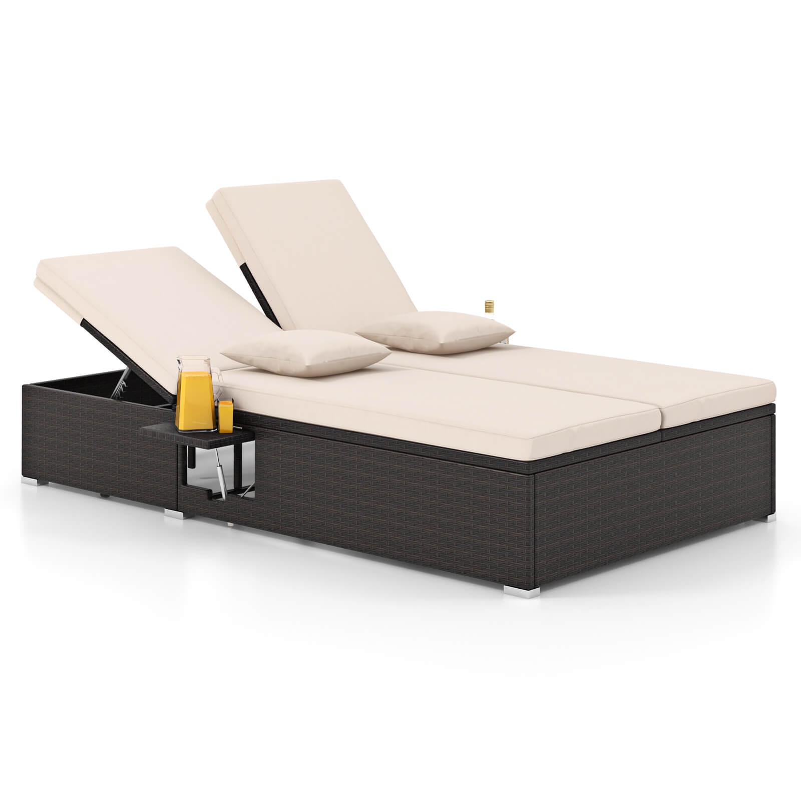 Patio Daybed PE Wicker Double Chaise Lounge w/ Adjustable Backrests