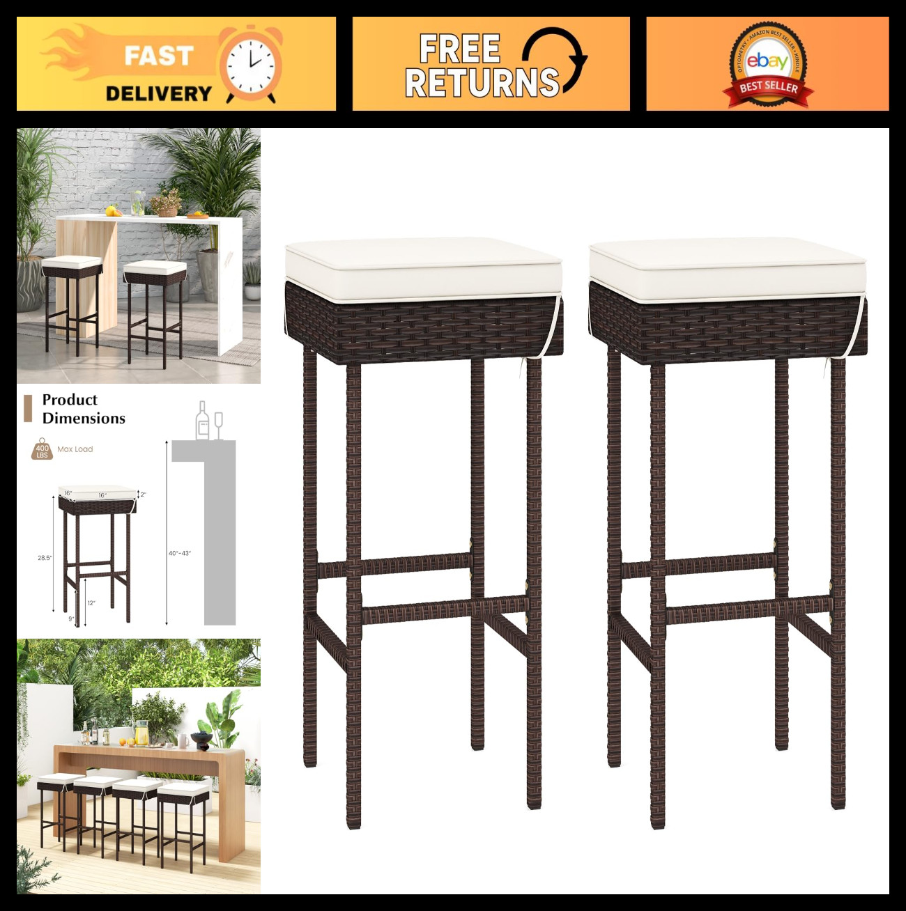 Outdoor Wicker Barstools Set of 2 – Cushioned Patio Chairs with Footrest, Heavy-