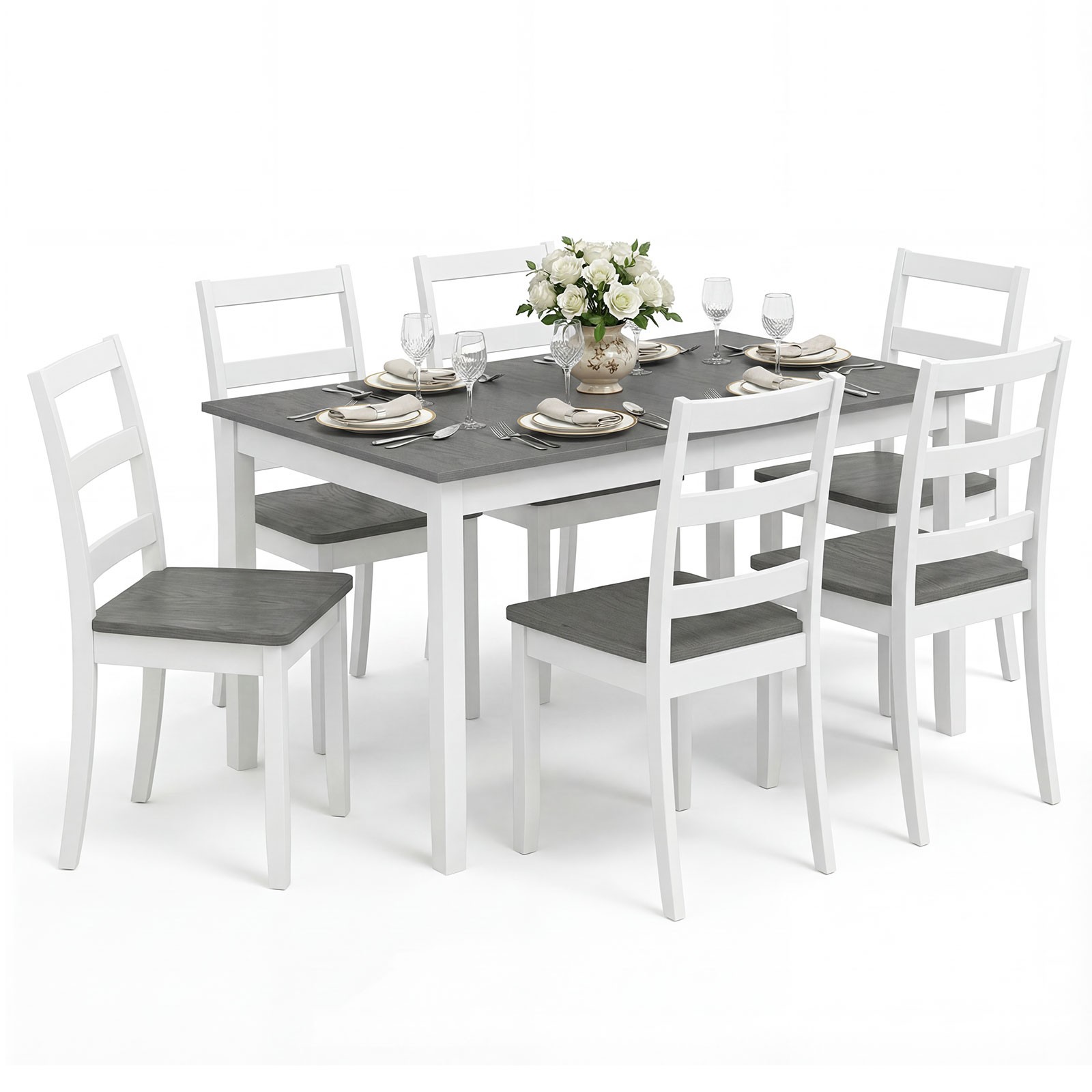 7-Piece Dining Set Solid Wood Kitchen Furniture w/ Rectangular Table & 6 Chairs