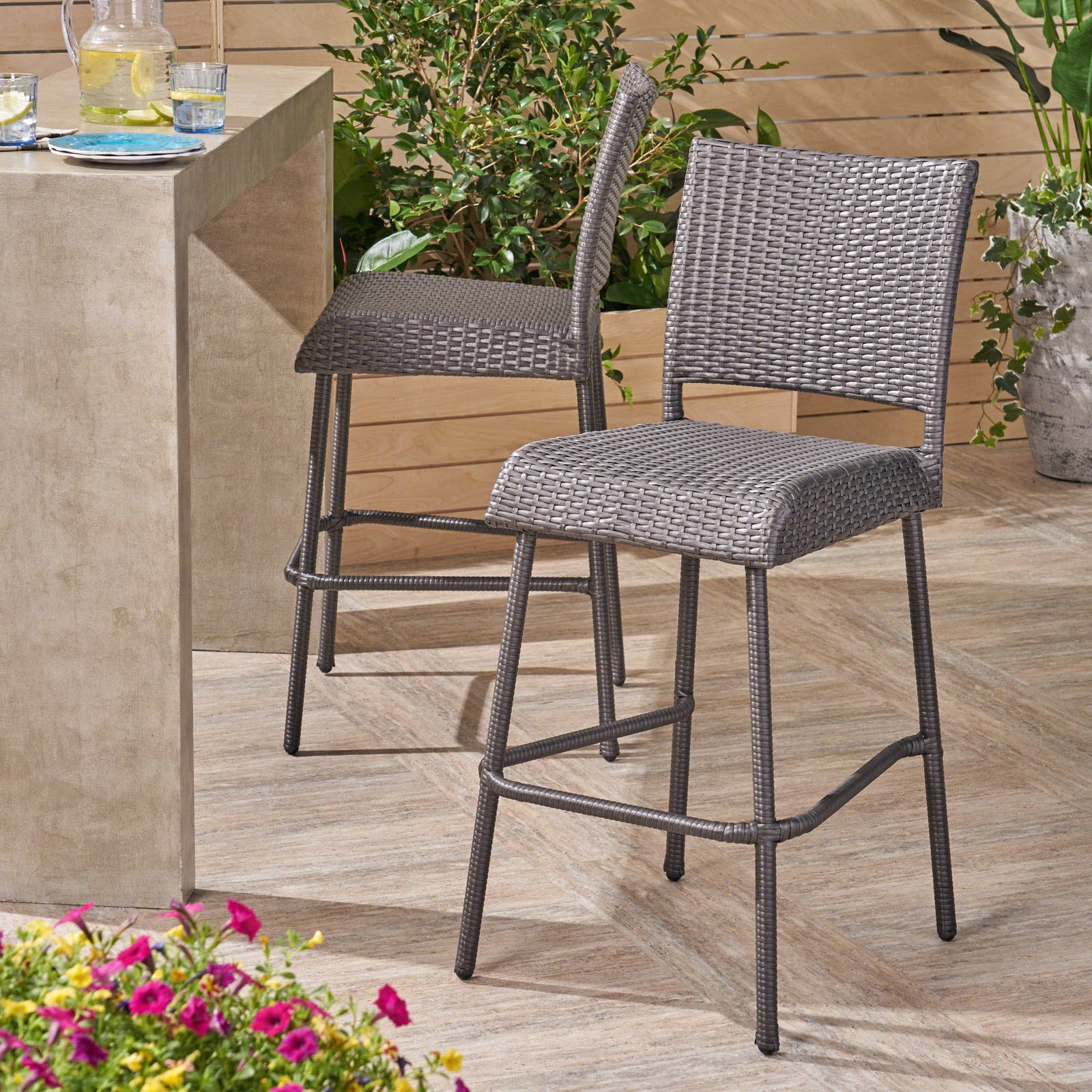 29″ PE Rattan Armless Barstools, Set of 2, Grey