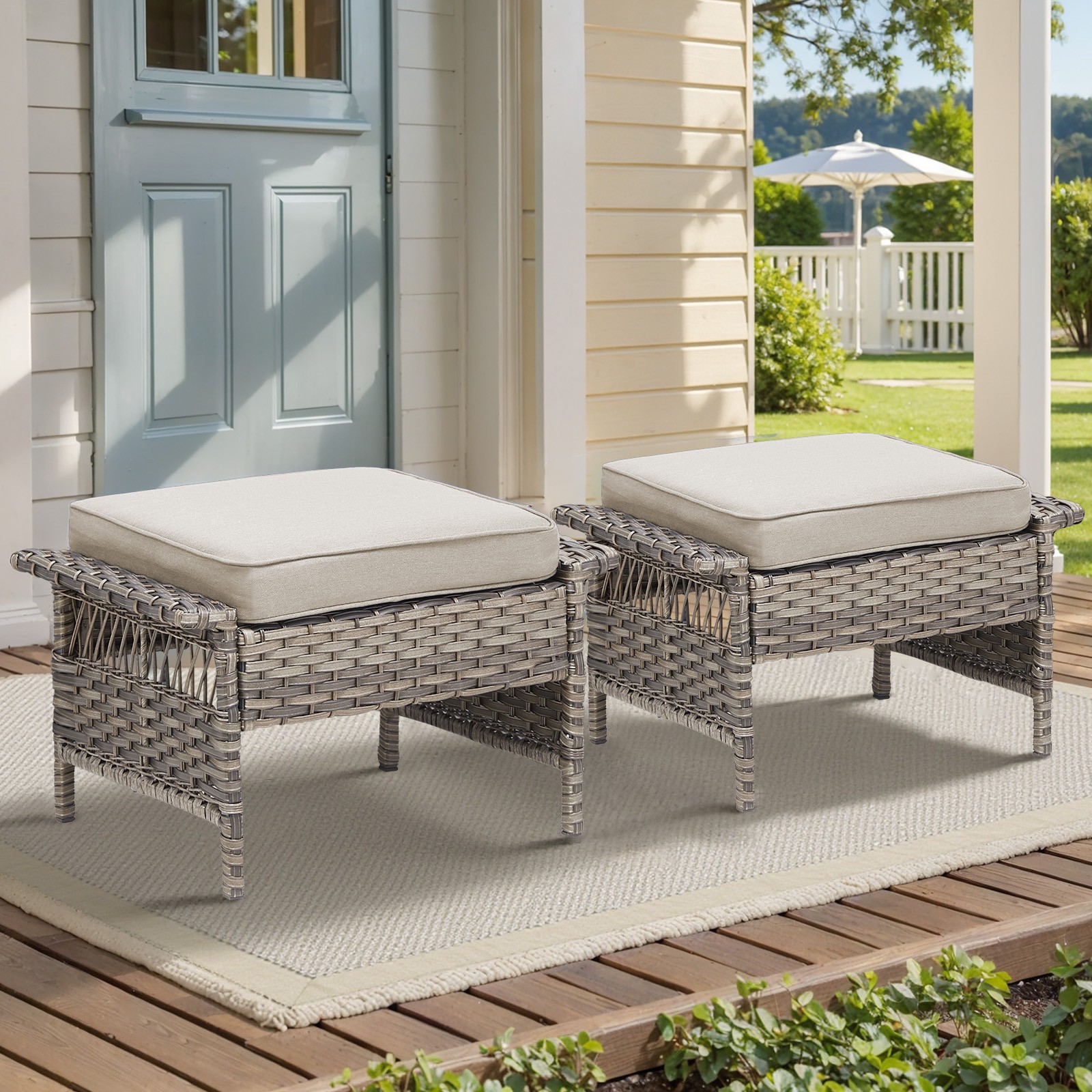 Patio Ottoman Set of 2, Gray PE Wicker with Beige Cushions, 250 lbs Capacity