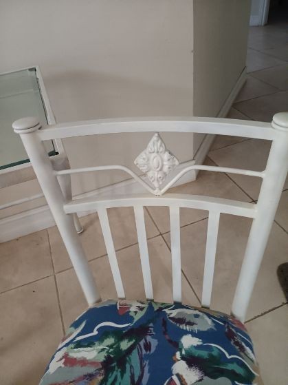 Metal Dining Patio Set Square Table Glass Top White Chairs on Wheels Set of 3