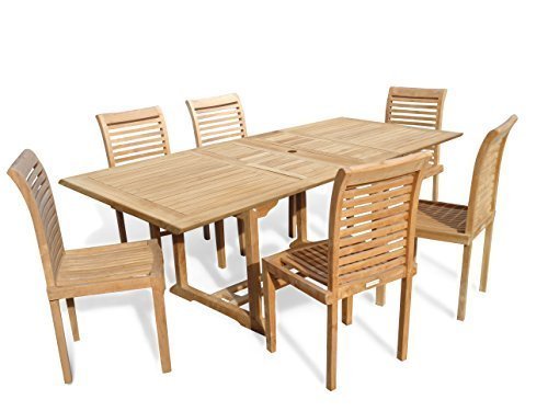 Windsor’s Premium Grade A Teak 82″x39 Rect Ext Table w/6 Armless Stacking Chairs