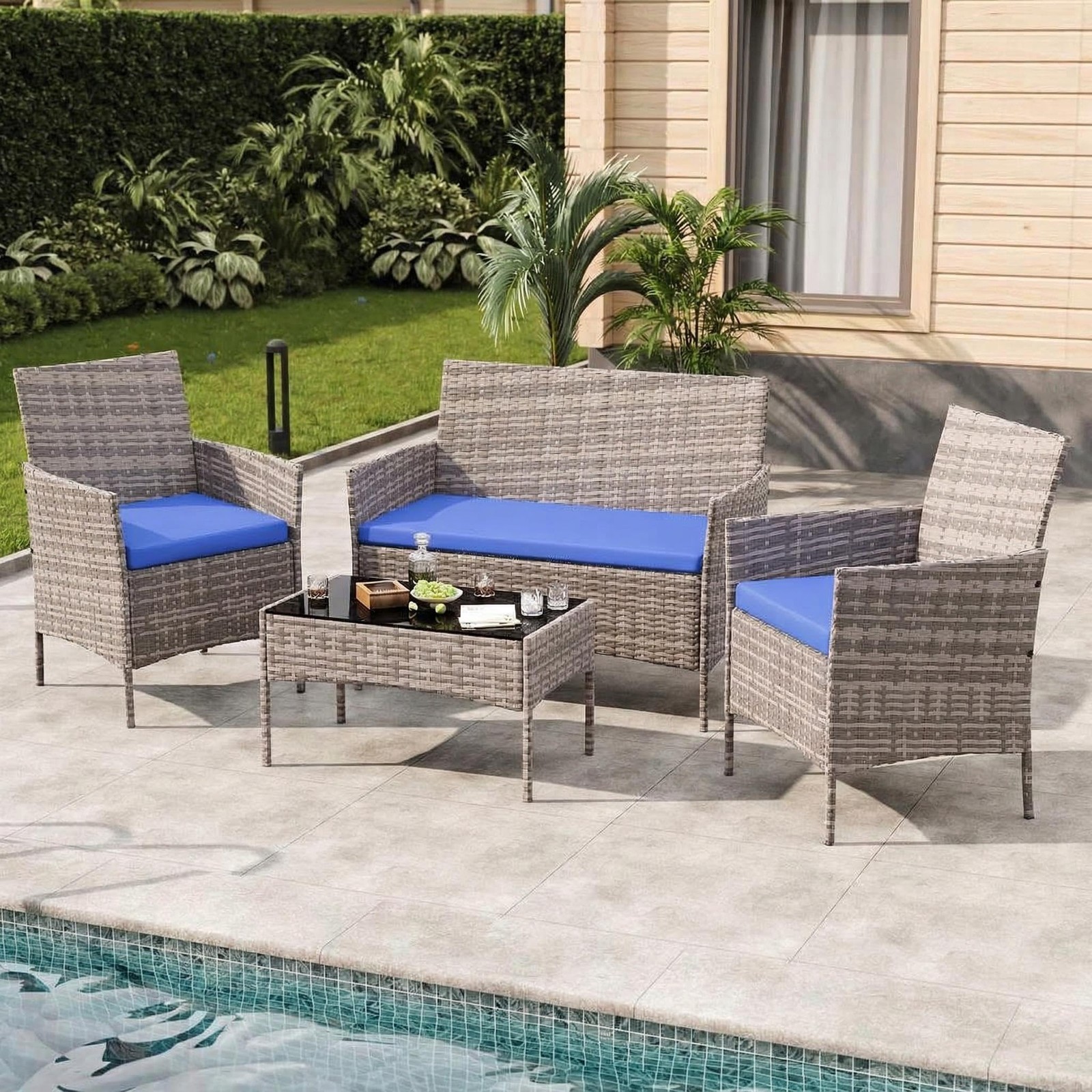 4 Pieces Patio Furniture Set, Rattan Patio Conversation Set with Coffee Table