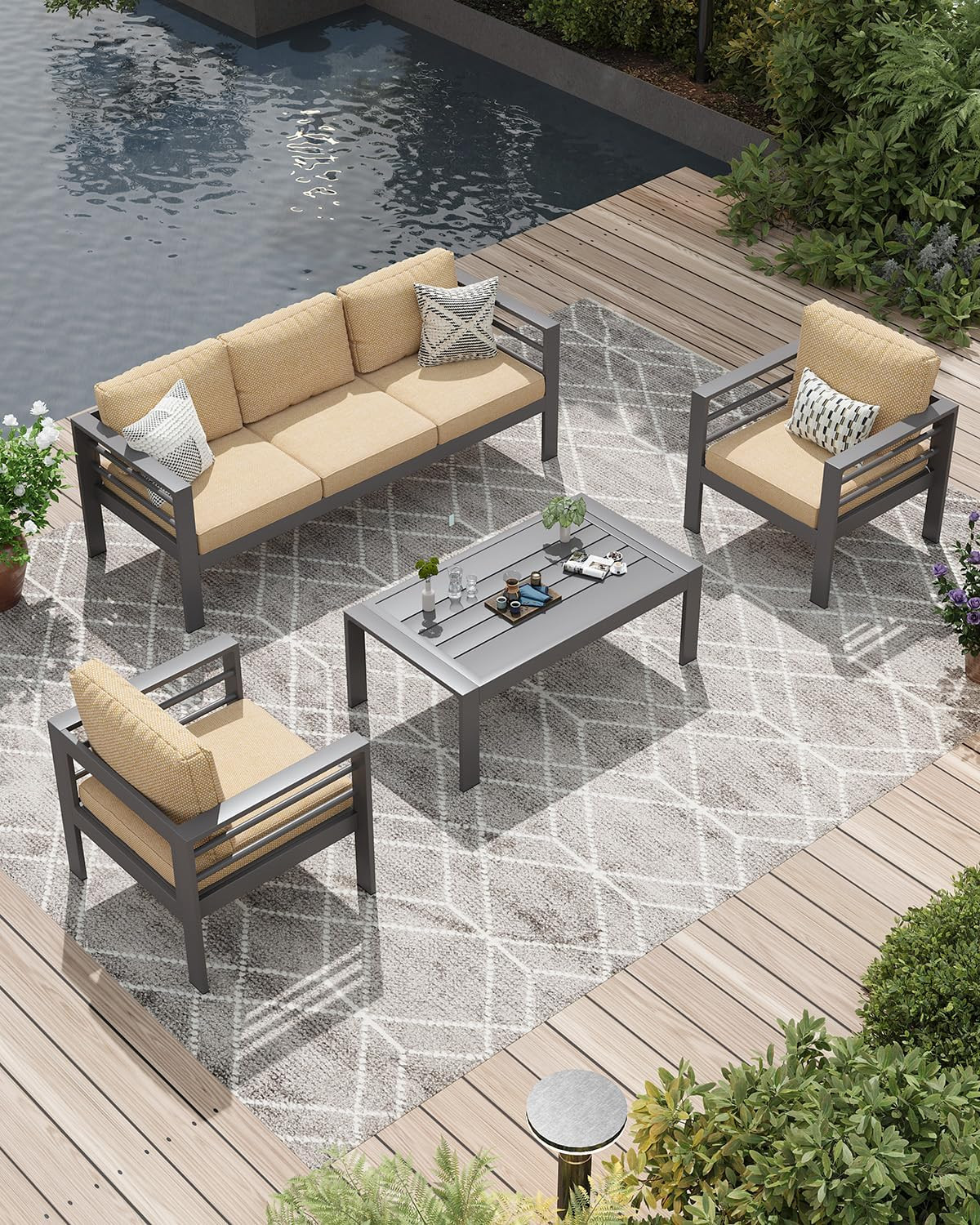 Aluminum Patio Furniture Set, 5 Seats Modern Outdoor Furniture w/Coffee Table