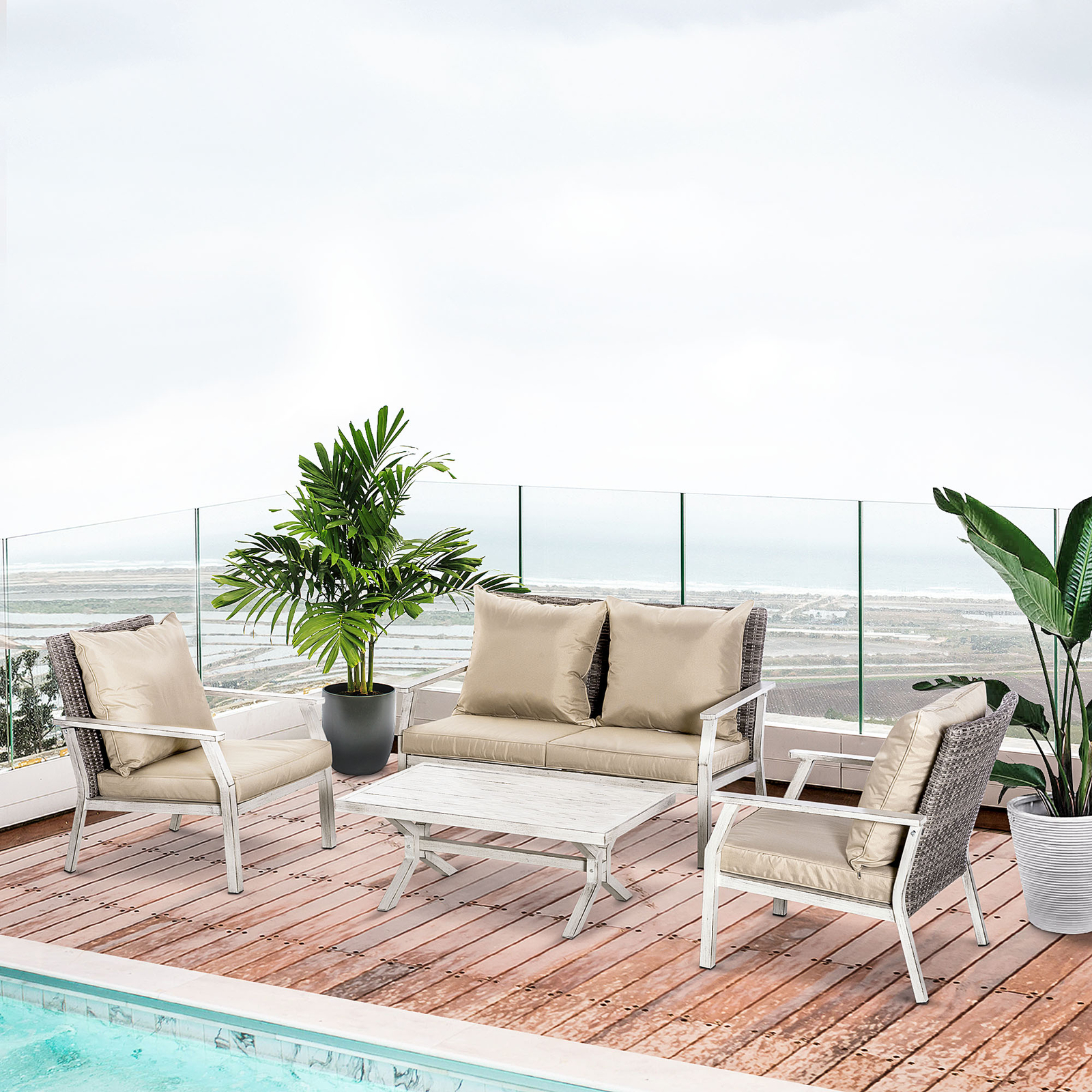 4PC Outdoor Wicker Furniture Set, PE Rattan Sofa, 2 Chairs, Table, Beige