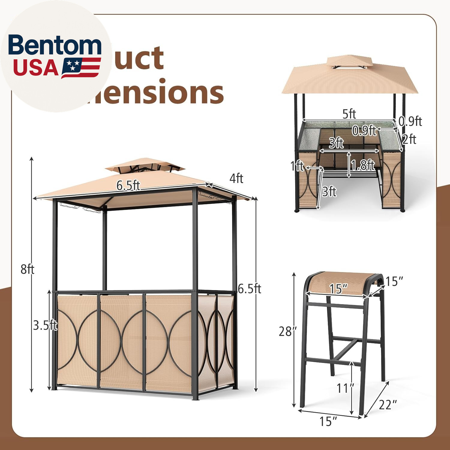3-Piece Patio Bar Set, Grill Gazebo & 2 Bar Stools with Tempered Glass Bar Table