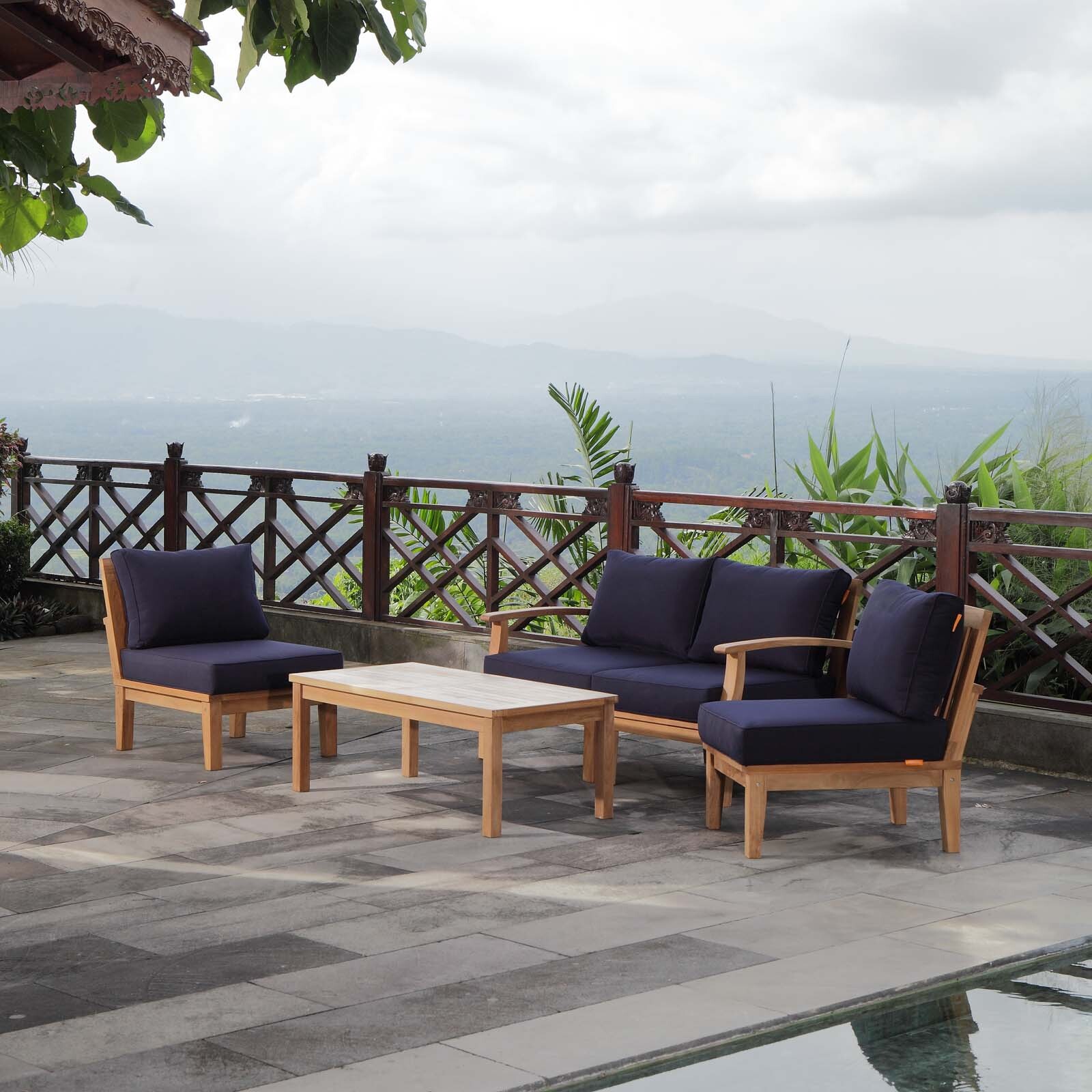 Marina5 Piece Outdoor Patio Teak Set in Natural Navy
