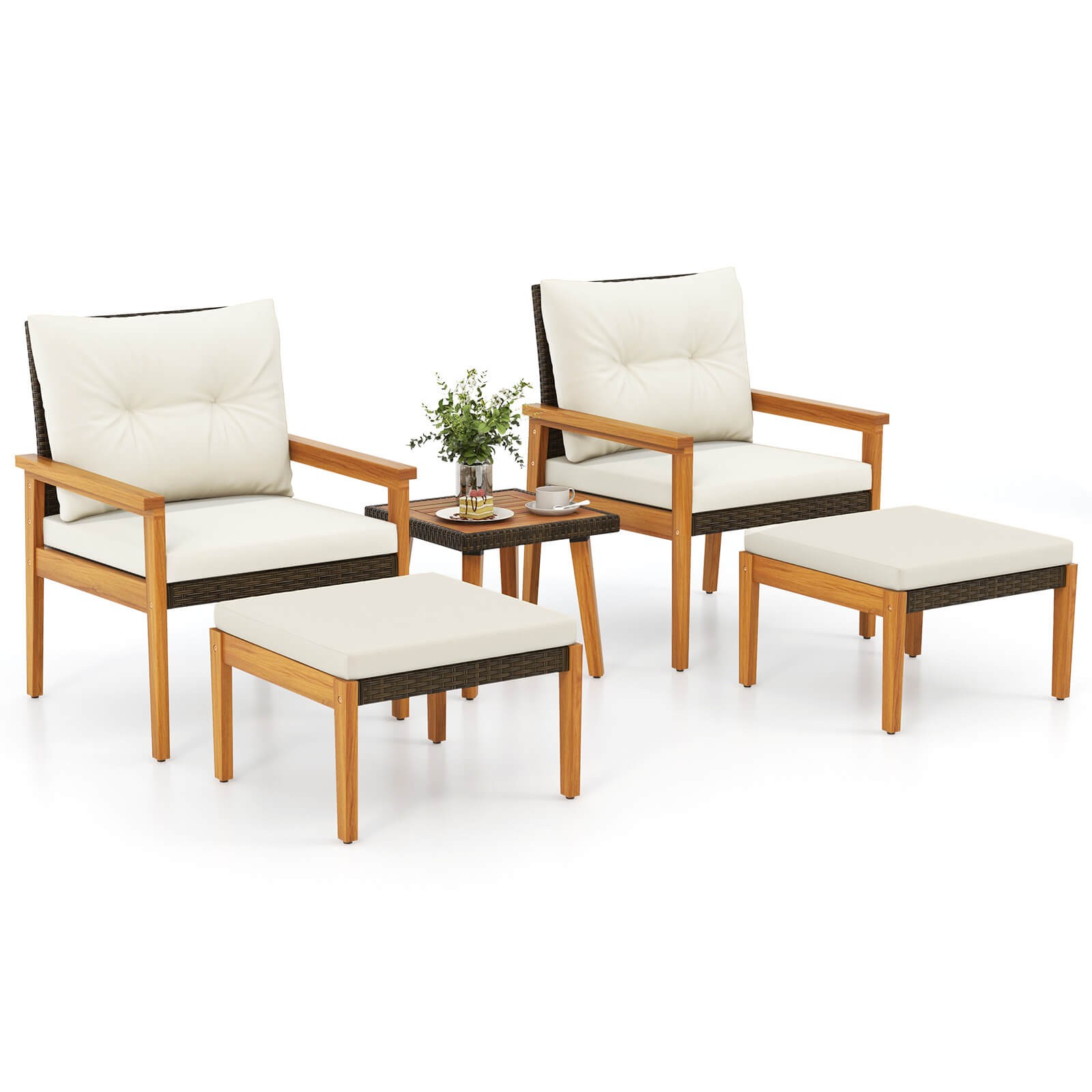 5 Piece Rattan Furniture Set Wood Frame Chairs & Ottomans W/ Square Coffee Table