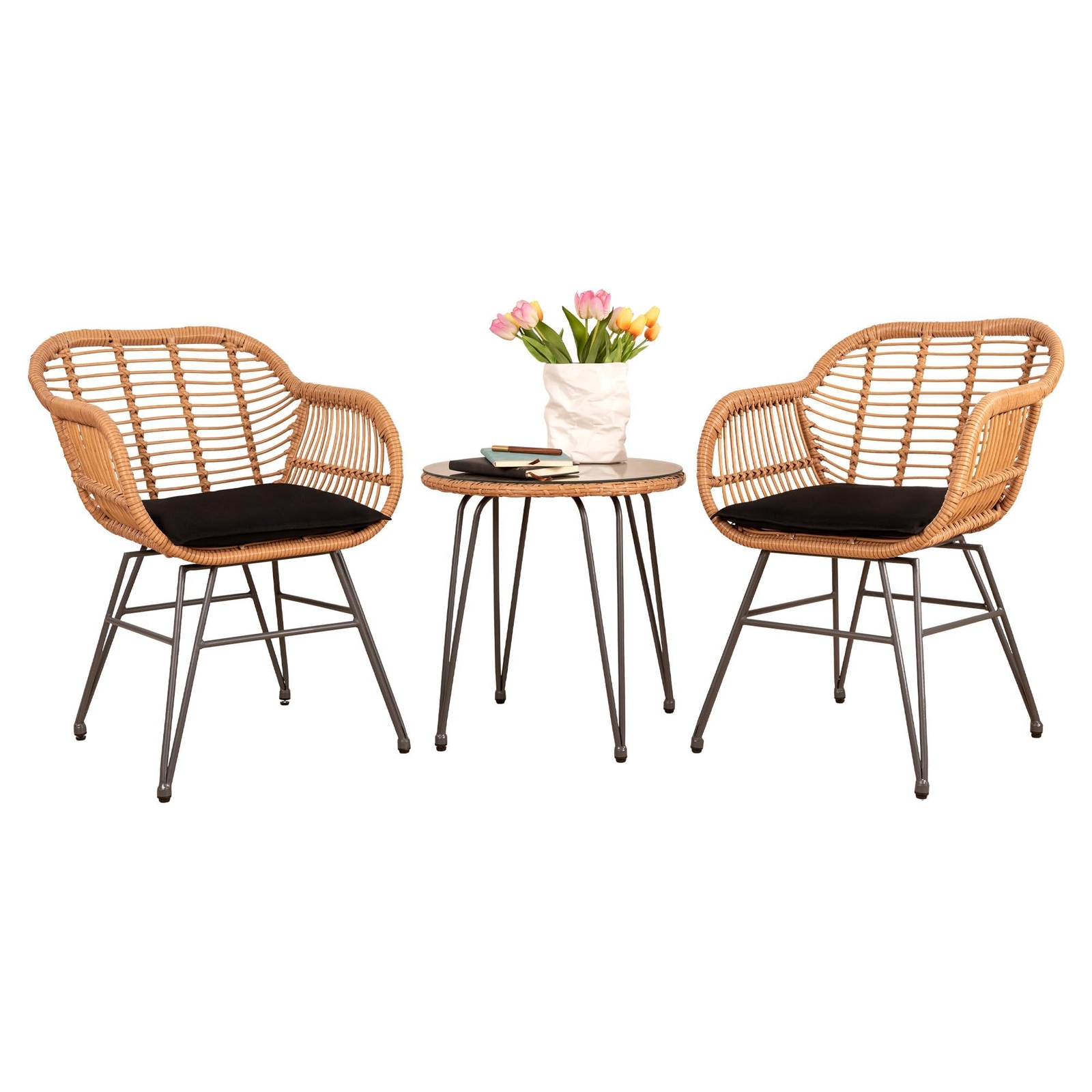 Outdoor Rattan Patio Set with modern Chairs, Cushions, and Glass Coffee Table
