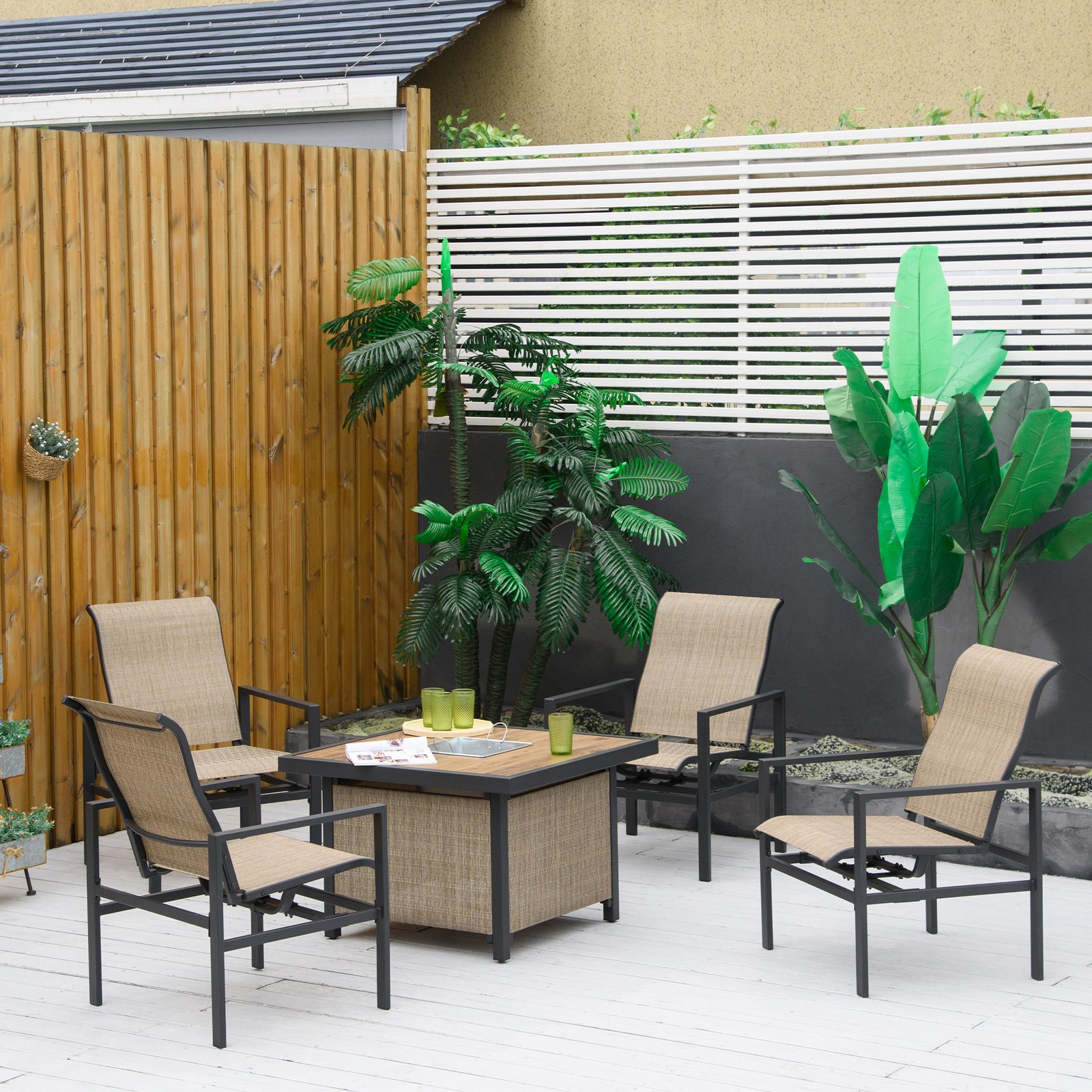 5pc Outdoor Beige Patio Dining Set, Ice Bucket, 4 Rocking Chairs, Square Table