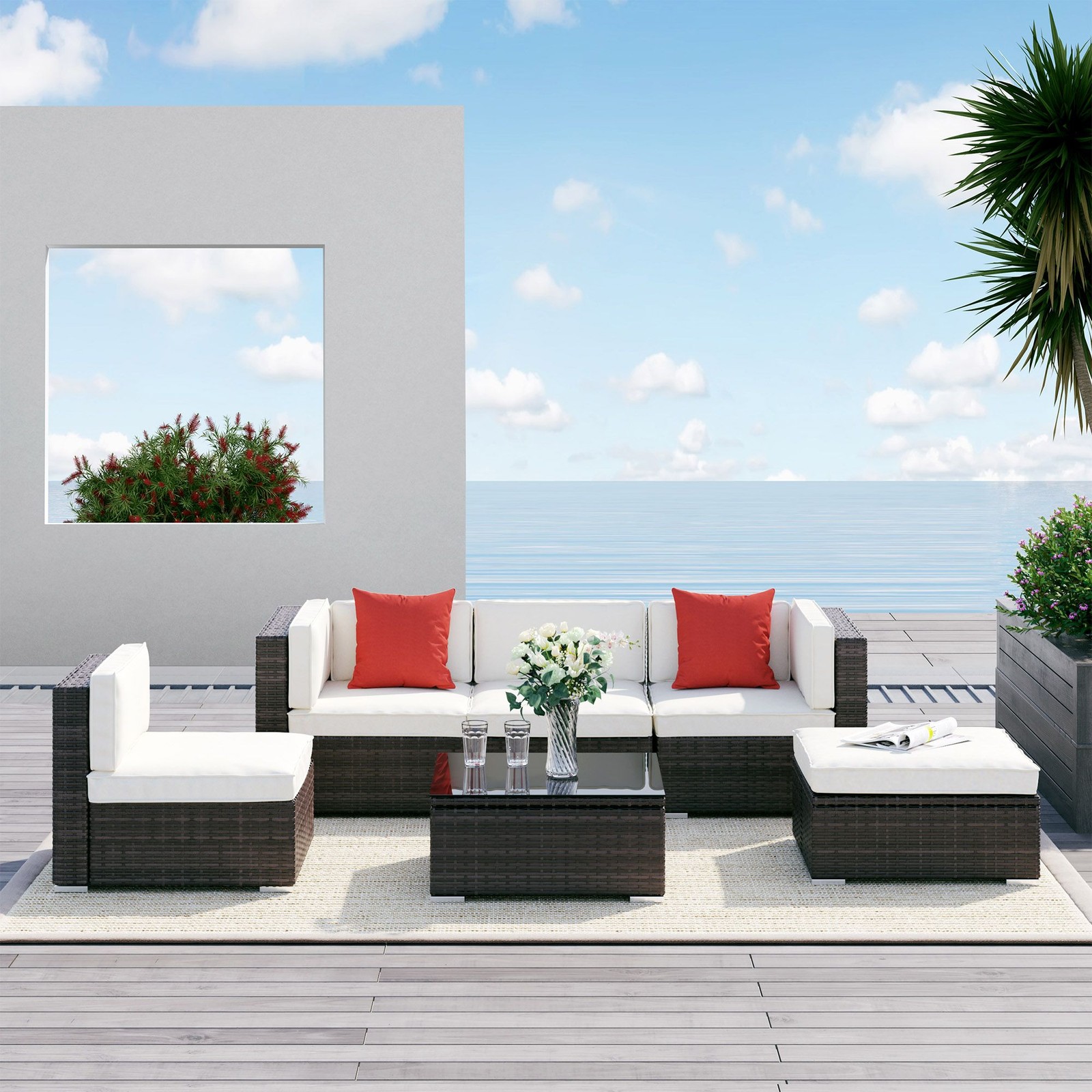 White 6-Piece Outdoor Couch Set 4-Sectional Seats Ottoman + Glass Table
