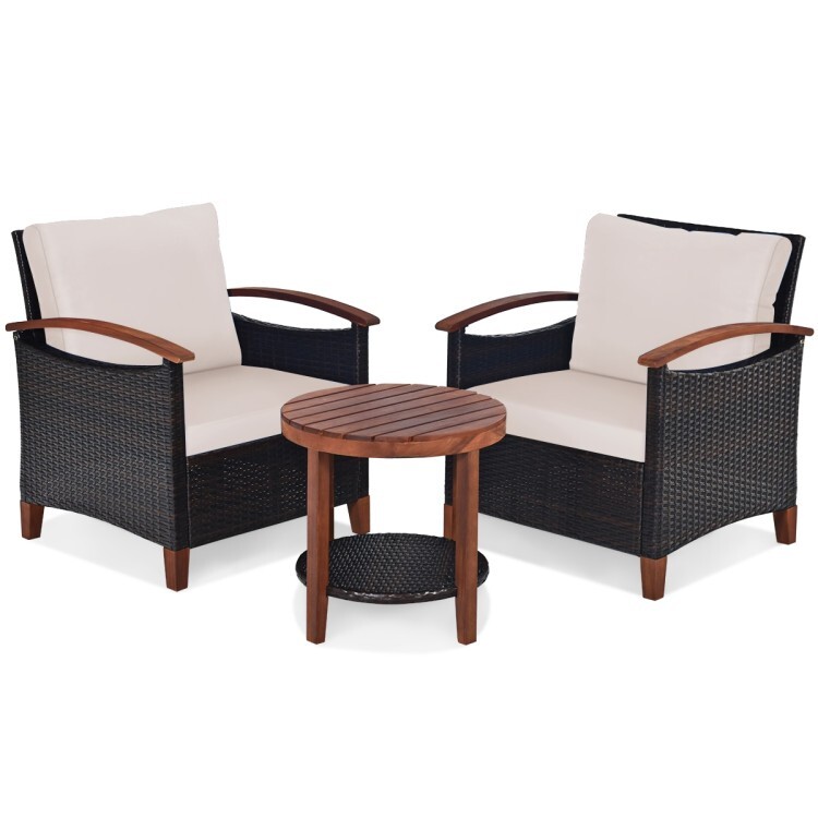 3PCS Patio Outdoor Garden Furniture Rattan Sofa Set With 2-Tier Coffee Table