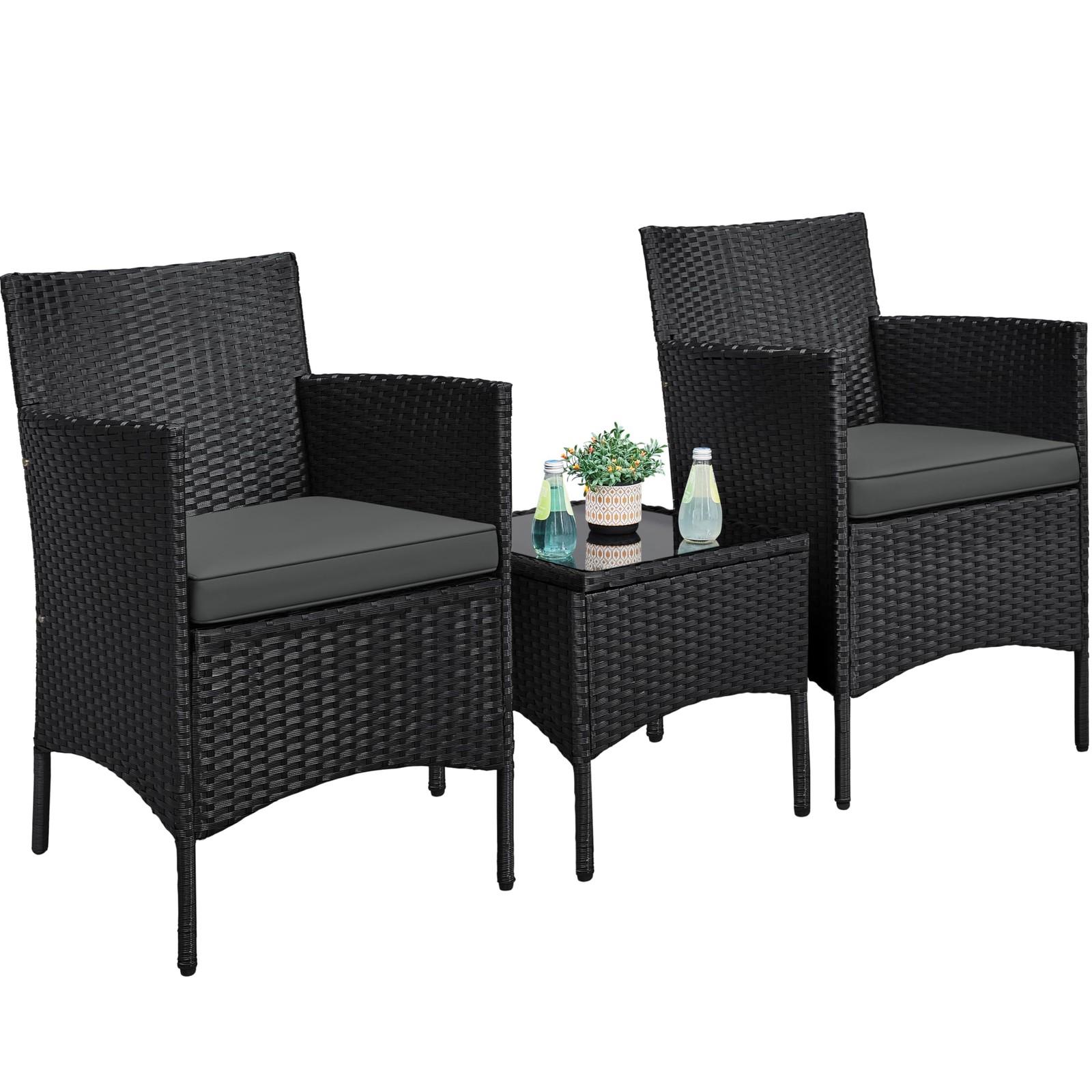 3 Pcs Patio Porch Furniture Set, Outdoor PE Rattan Wicker Conversation Set, Gray