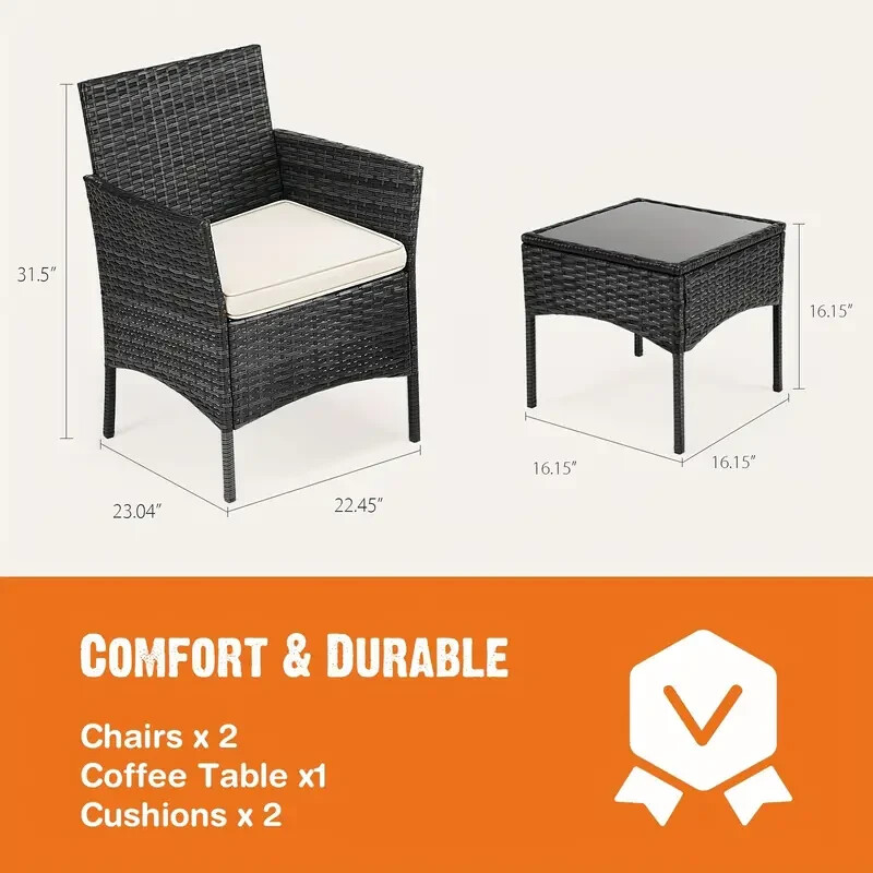 Outdoor Wicker Rattan Patio Chair Furniture pair & Small Side Coffee Table Glass