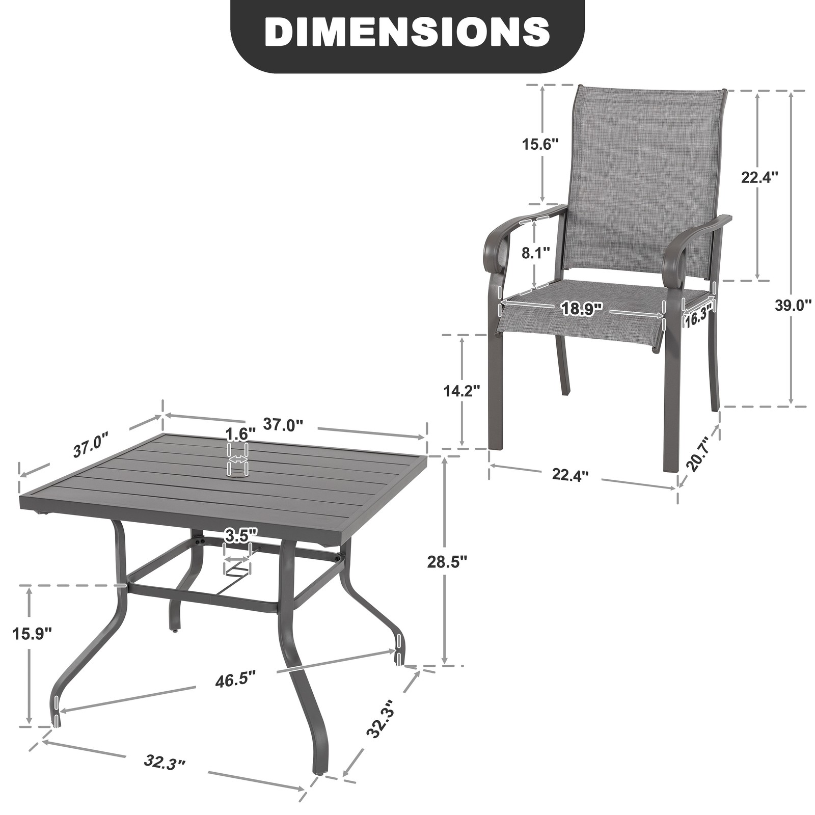 Nuu Garden Outdoor 5-Piece Dining Set, Textilene Fabric Chairs and 37 Square –