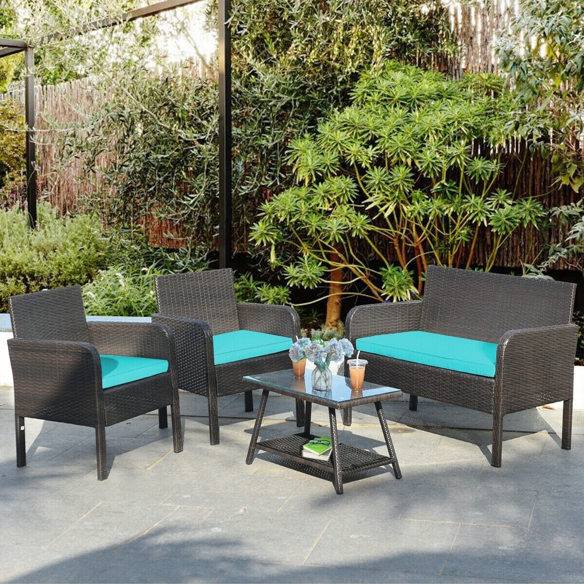 4 Piece Patio Furniture Set Garden Outdoor/Indoor Veranda Sectional Sofa Rattan
