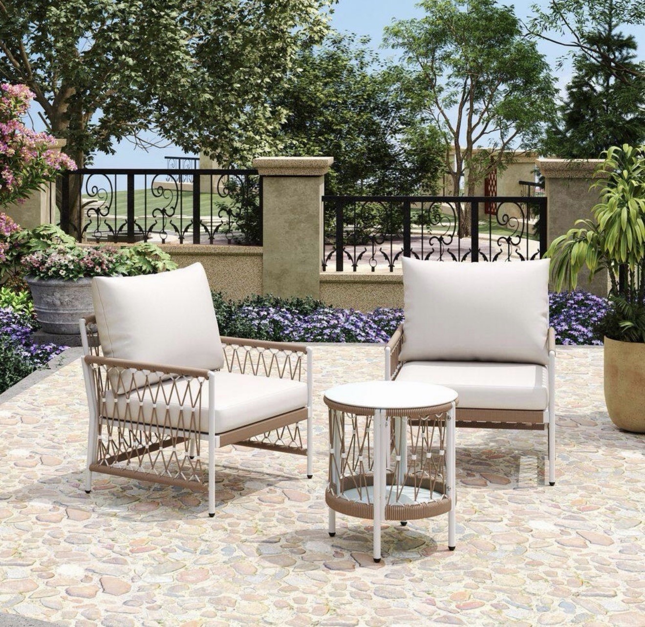 3-Piece Metal Balcony Bistro Set, 2 Chairs + Round Table, White Cushions