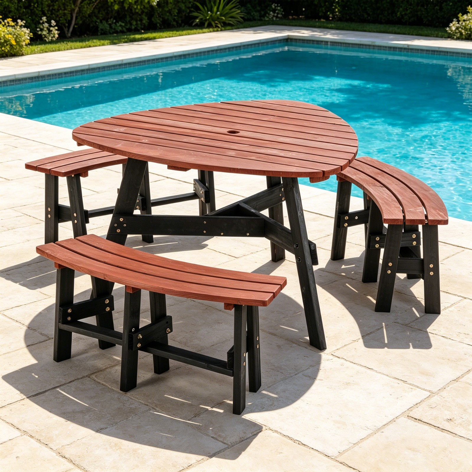 43.2″ Brown Triangle Wood Picnic Table Set Seats 3-6 People with Umbrella Hole