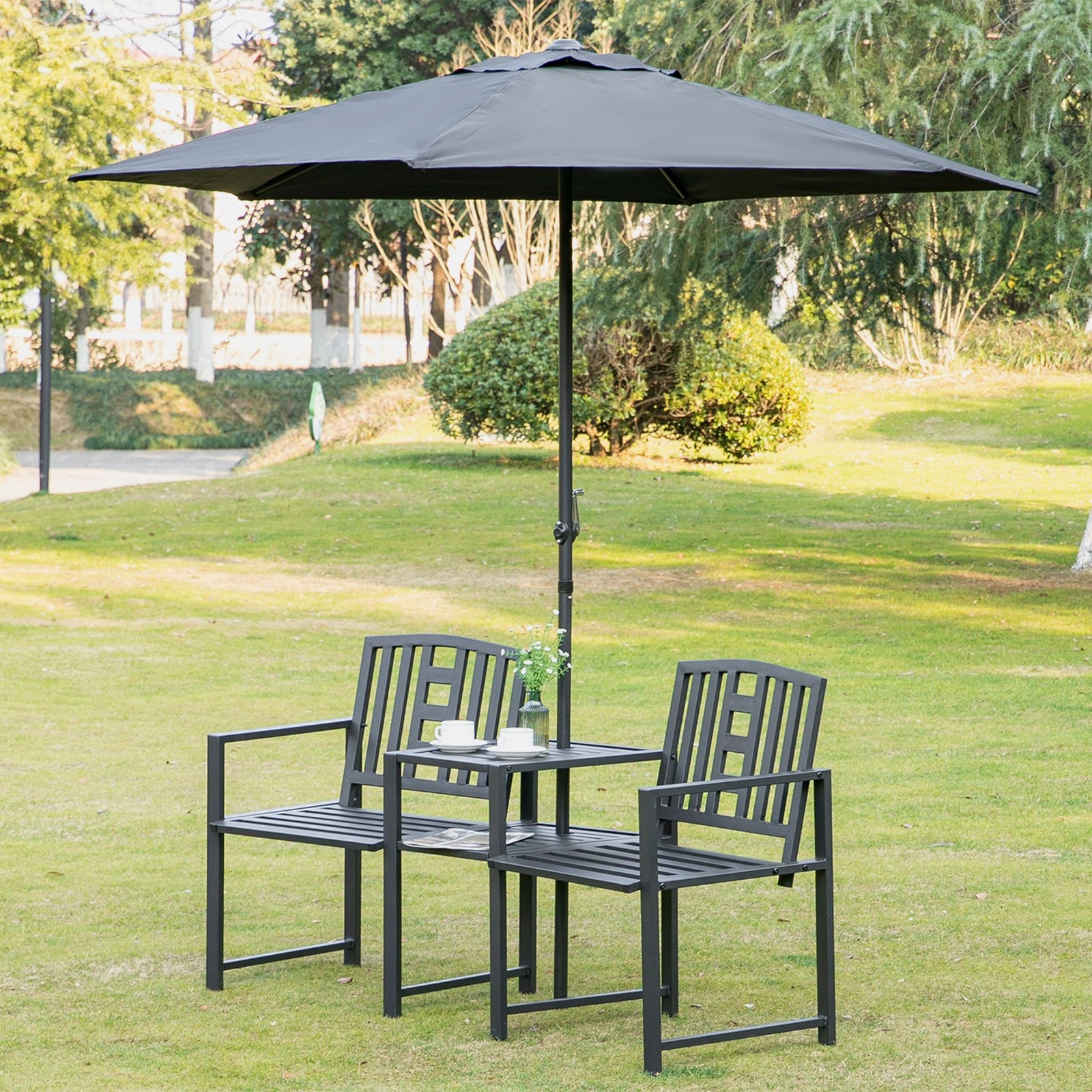 Powder-Coated Metal Patio Loveseat w/ 65in L Table & Umbrella Hole