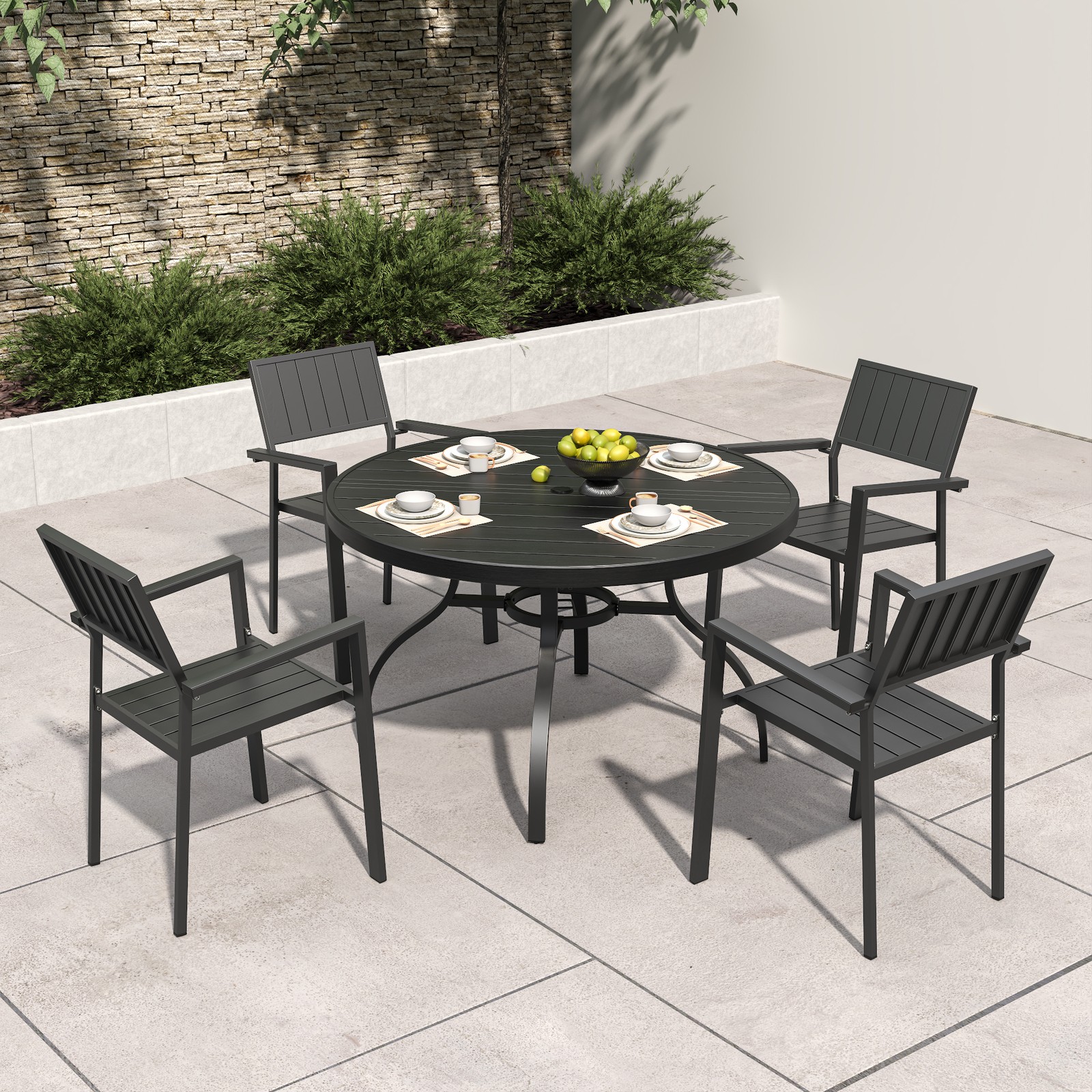 Metal 5-Piece Patio Dining Set, 47″ Round Table & 4 Stacking Chairs, 350lb Cap