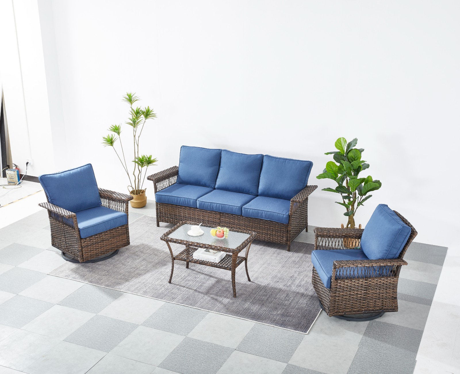 3-Piece Patio Conversation Set, Brown Wicker Sofa with Swivel Chairs & Ottomans