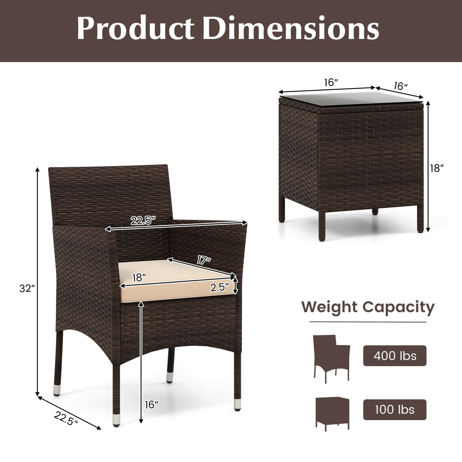3 PCS Outdoor Conversation Set with Cushioned Seat and Tempered Glass Tabletop