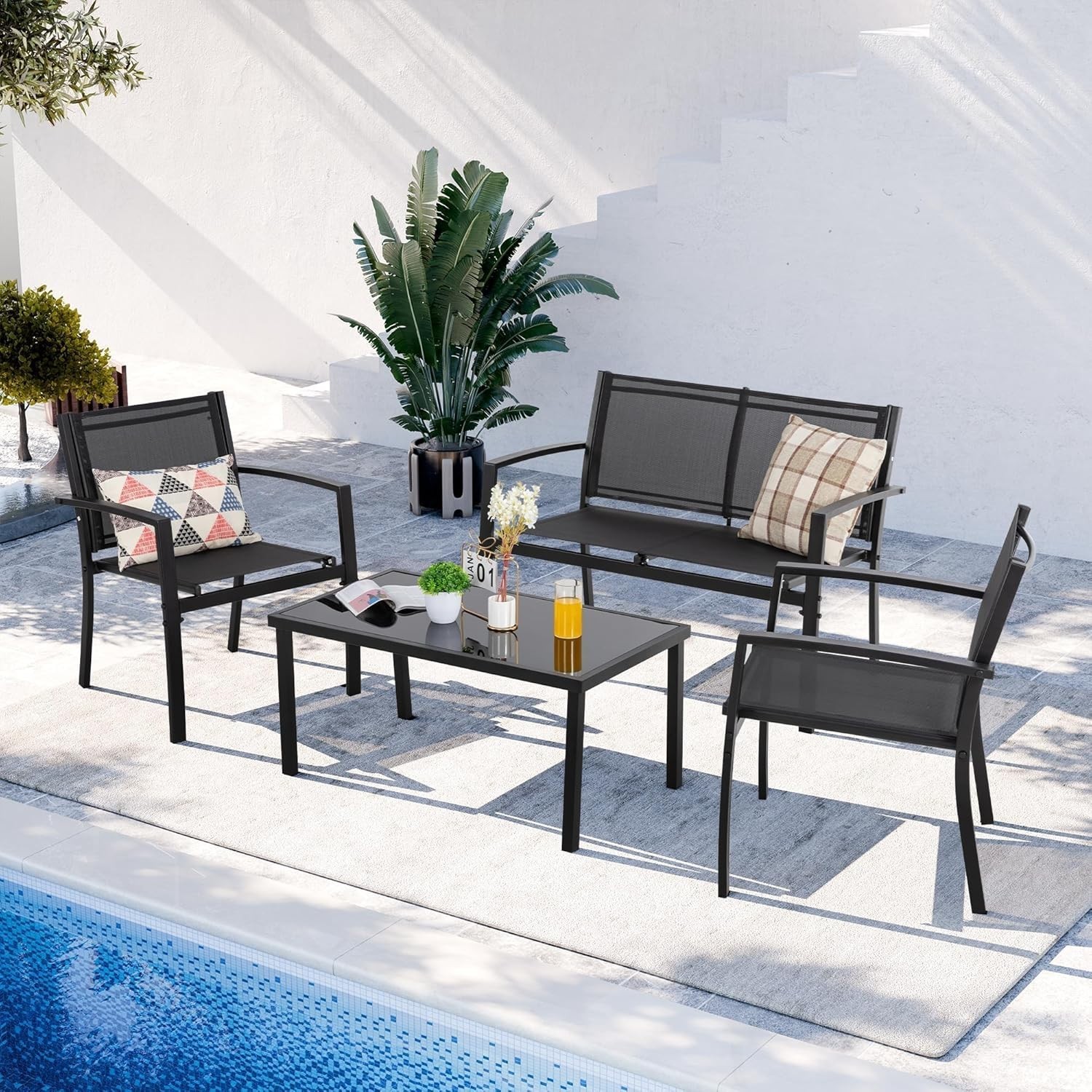 4 Piece Wicker Loveseat Cushion Square Table Patio Lawn Garden Furniture Set