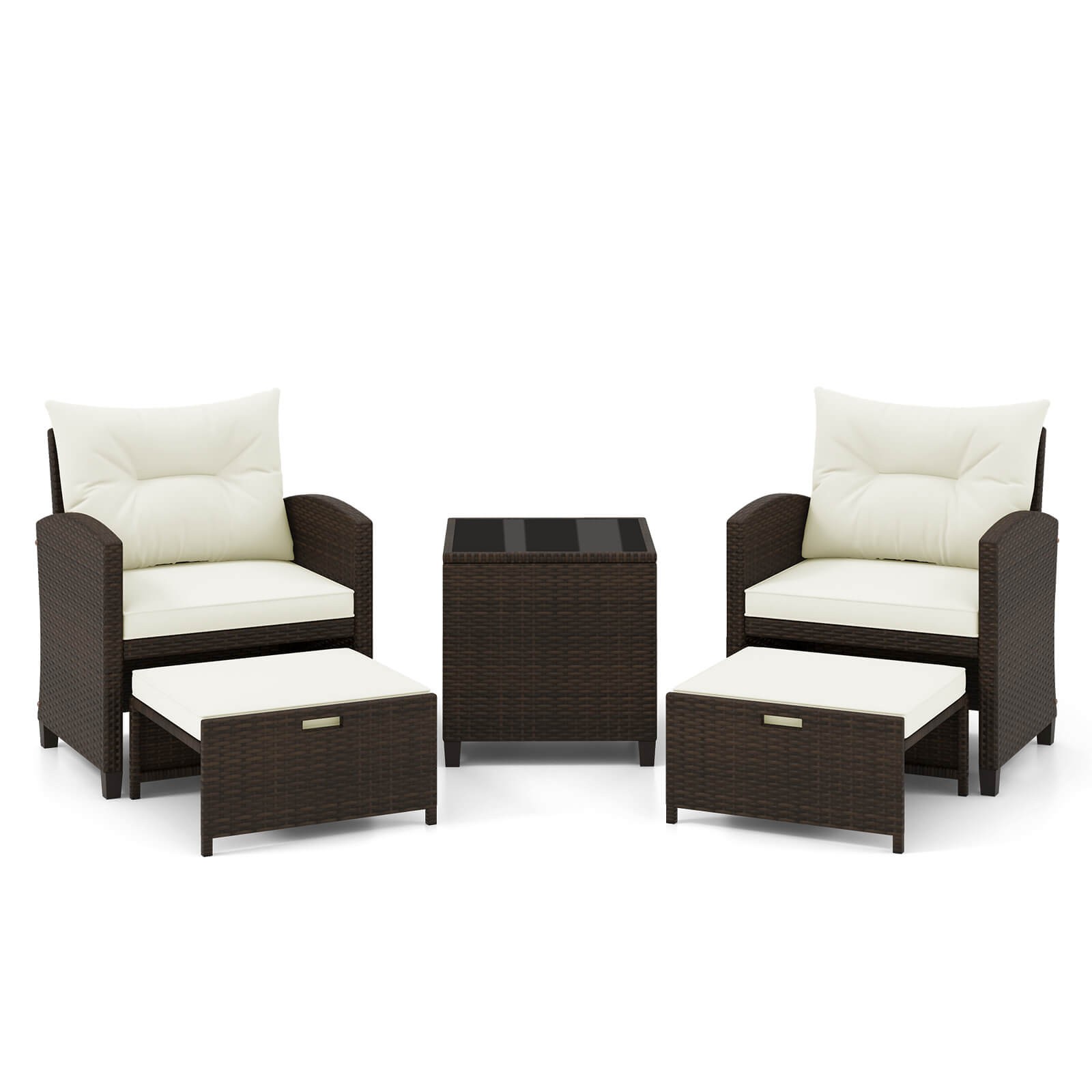 Patio 5 Piece Rattan Furniture w/ 2 Ottomans & Tempered Glass Coffee Table