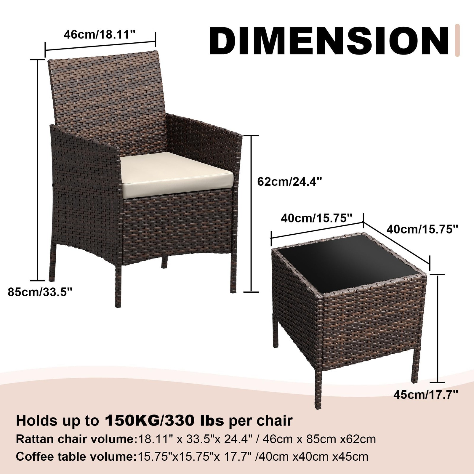 3-Piece Outdoor Patio Furniture Set, Wicker Chair & Soft Cushions w/Coffee Table