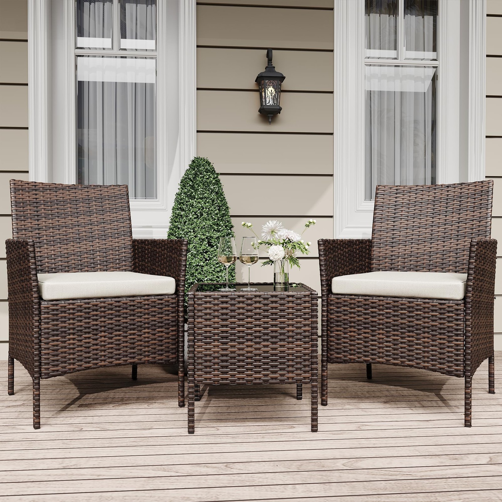 3-Piece Outdoor Patio Furniture Set, Wicker Chair & Soft Cushions w/Coffee Table