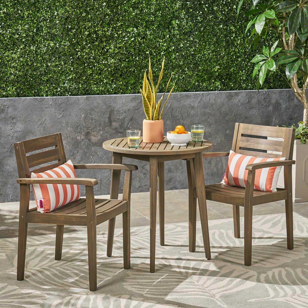 Brown Acacia Wood Frame 3 Piece Bistro Set Home Outdoor Furniture Garden Porch