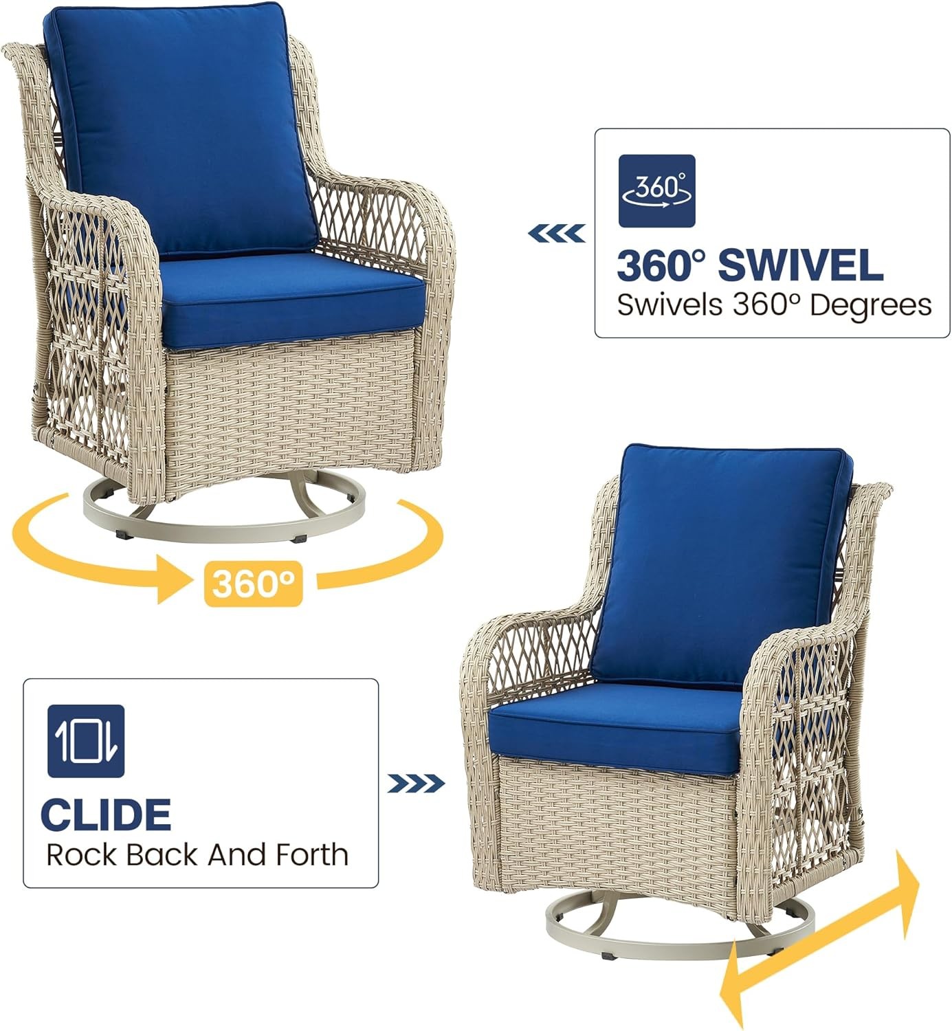 3Pcs Outdoor Wicker Swivel Chairs, Swivel Rocking Chair Set of 2 with Side Table