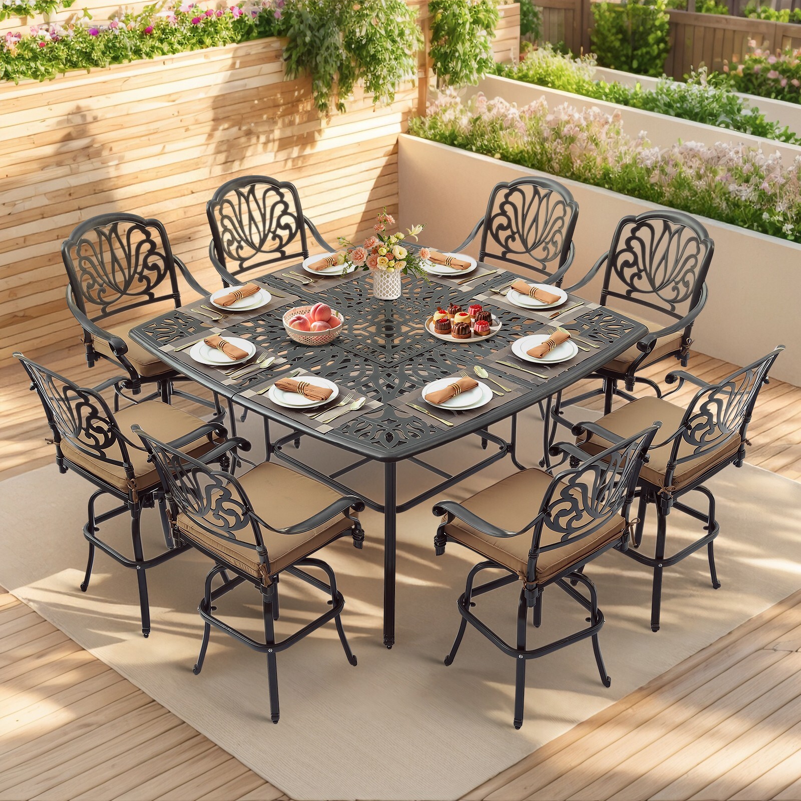 9 PC Large Outdoor High Dining Set Cast Aluminum Patio Table & Swivel Bar Stools