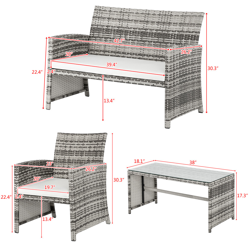 4Pcs Rattan Wicker Patio Sofa Kit Furniture Loveseat +2Chairs+Glass Coffee Table