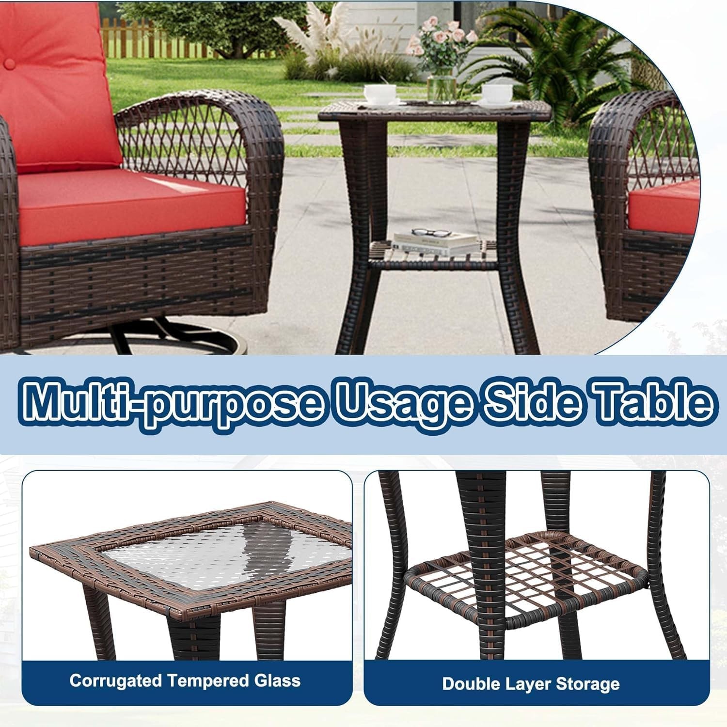 Swivel Rocking Wicker Patio Chairs Set w/ Glass Table, 350lb Each Chair Outdoor