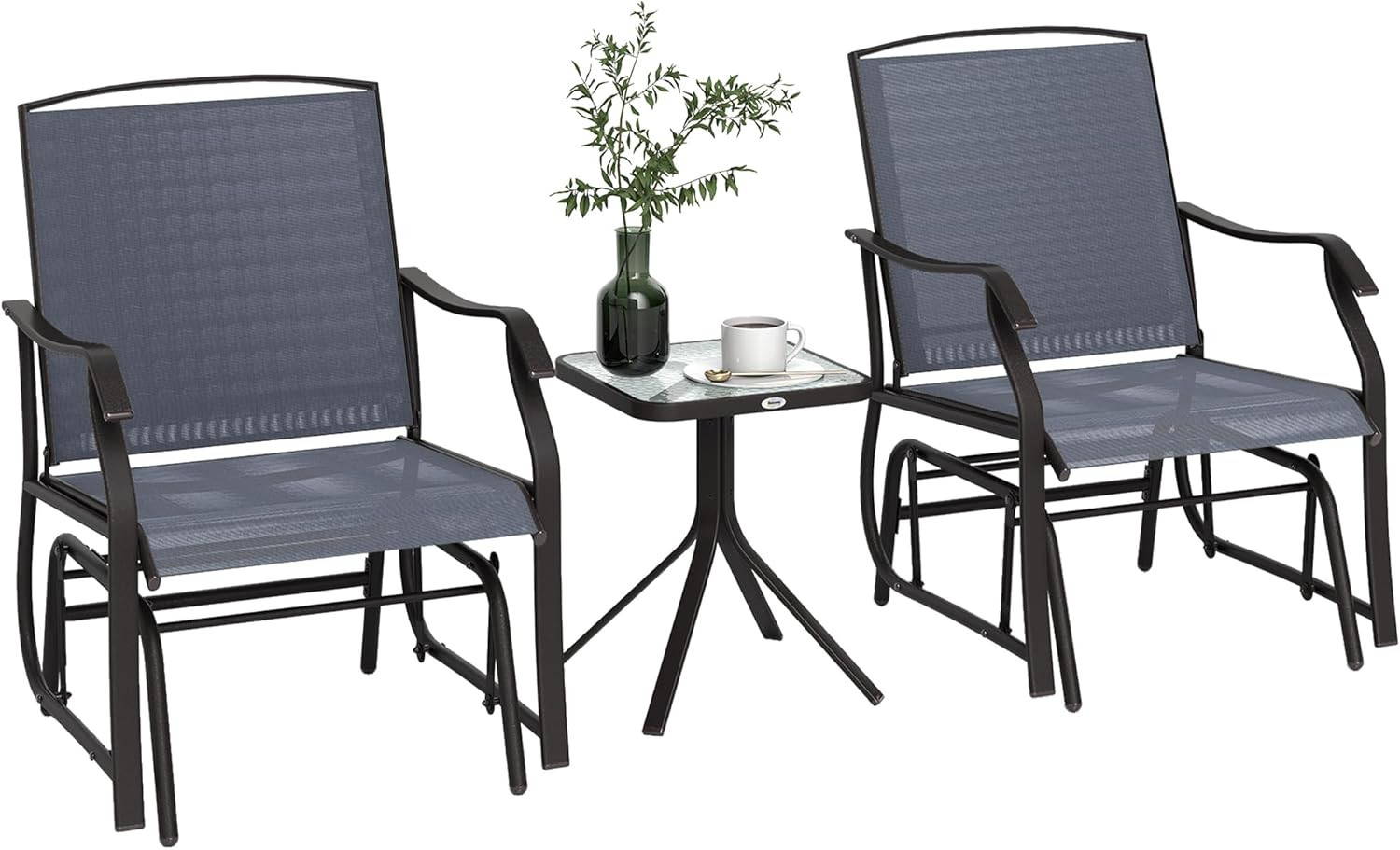 Outsunny 3 Piece Outdoor Glider Chair with Coffee Table Bistro Set, 2 Patio Rock