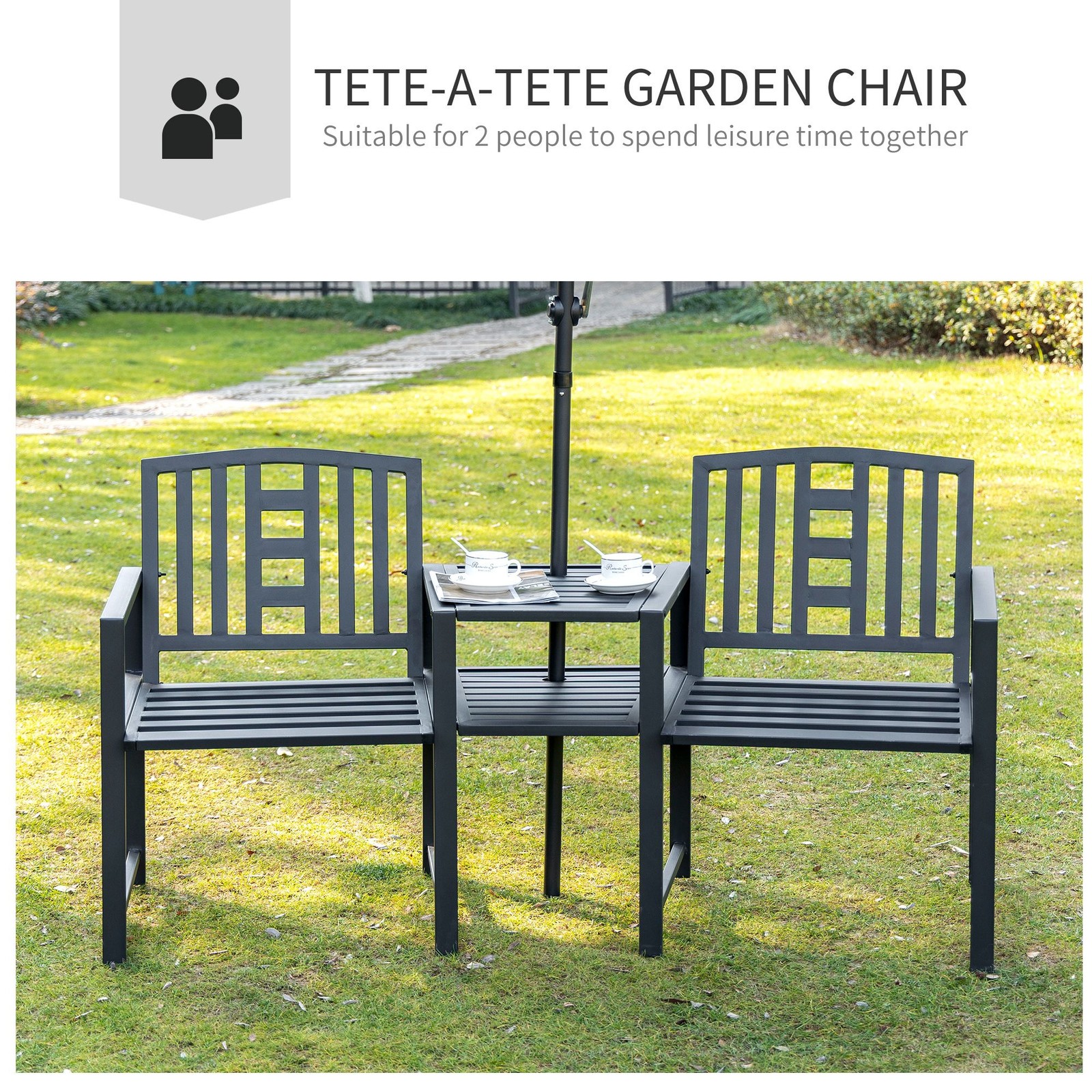 Powder-Coated Metal Patio Loveseat w/ 65in L Table & Umbrella Hole