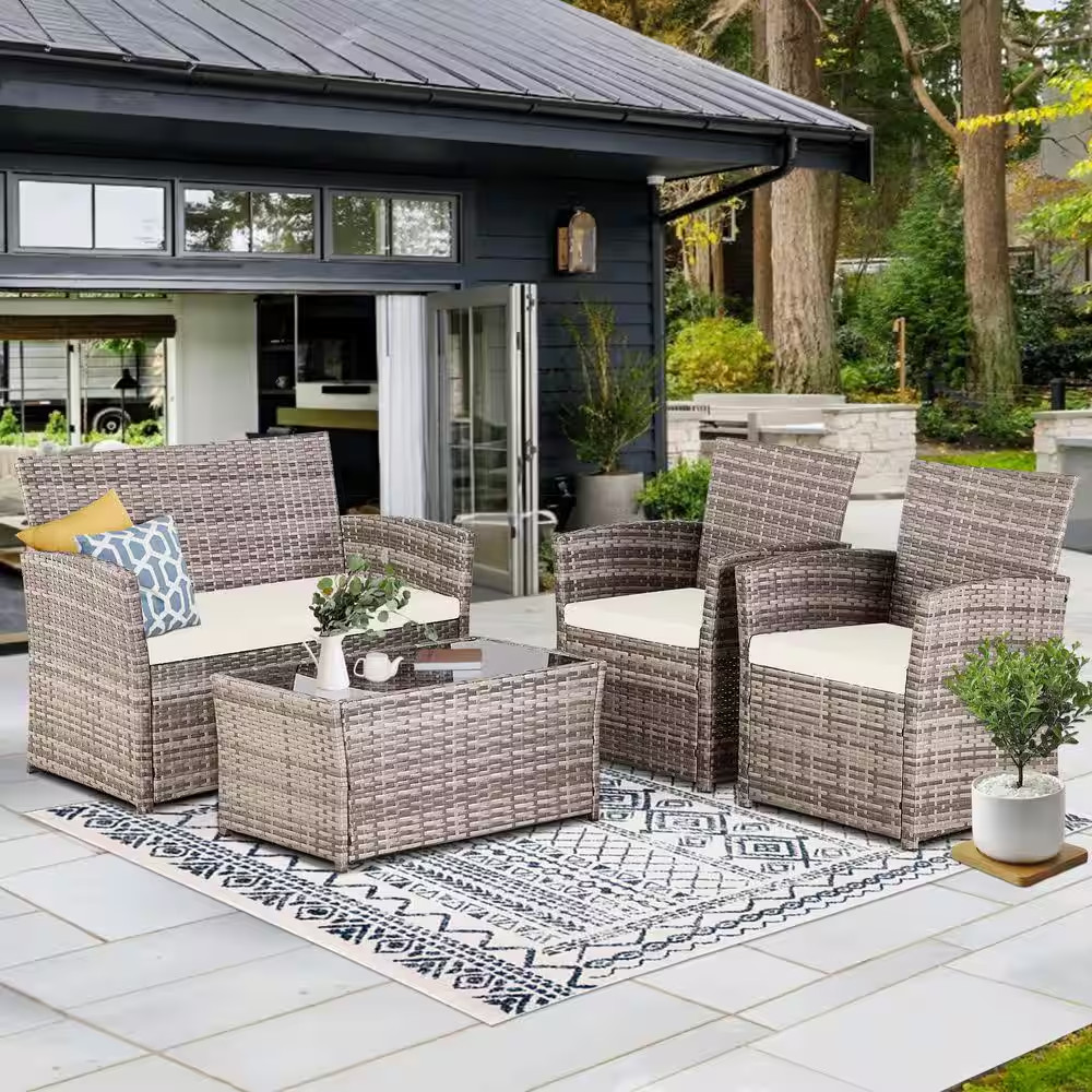 Gray 4-Piece Wicker Outdoor Patio Conversation Furniture Sofa Set with Beige Cus