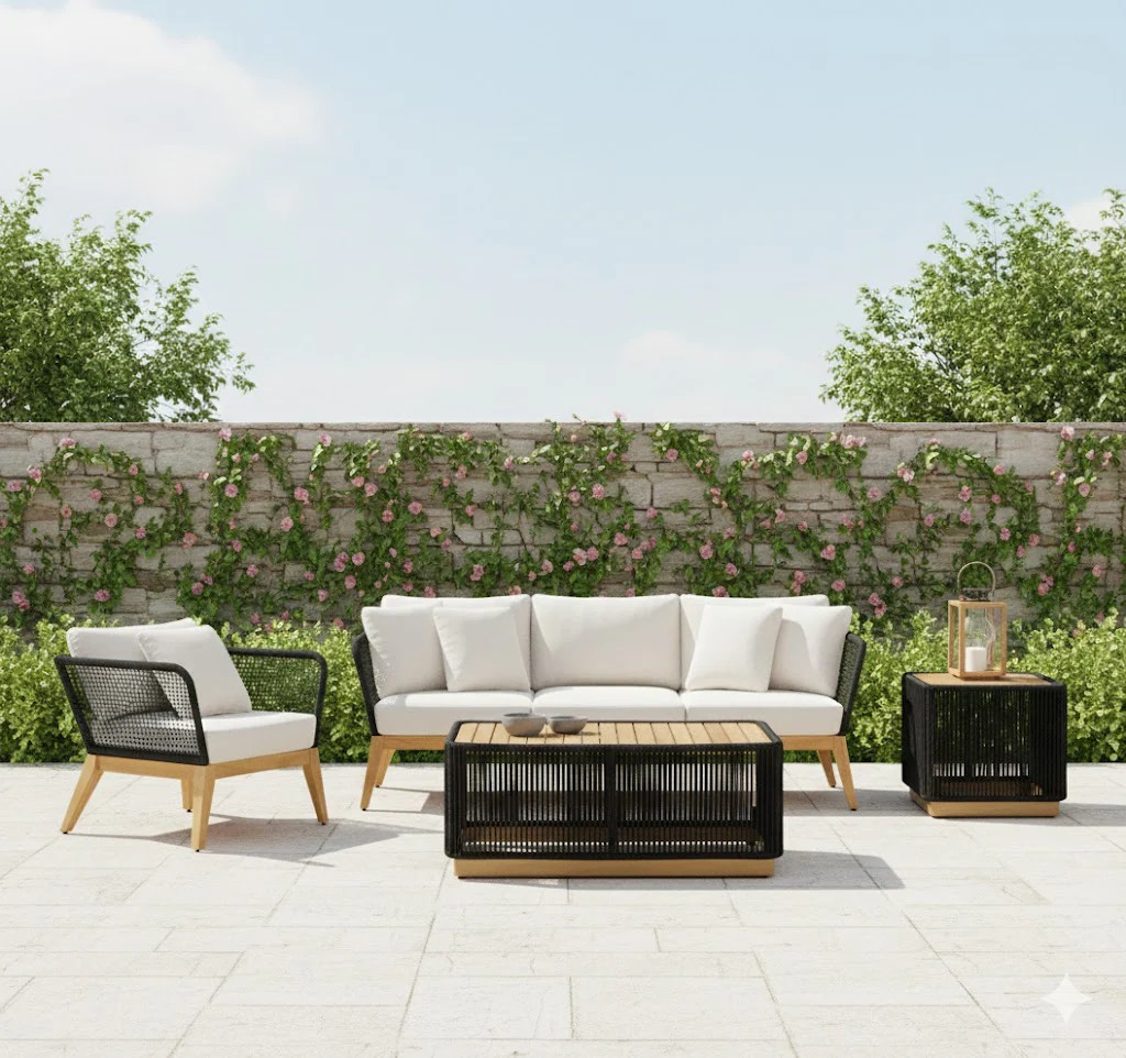 Cypress Teak Wood Sofa Set with Black Rope Design – Modern Outdoor Lounge 4-Sea