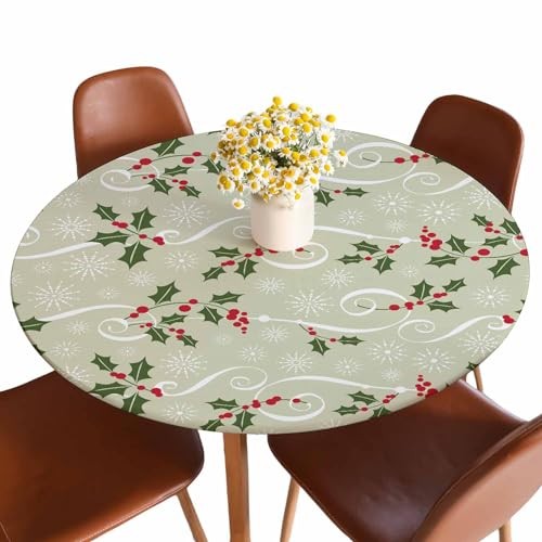 Christmas Pattern Round Table Cloth Cover Snowflake Red Berry Leaves Winter