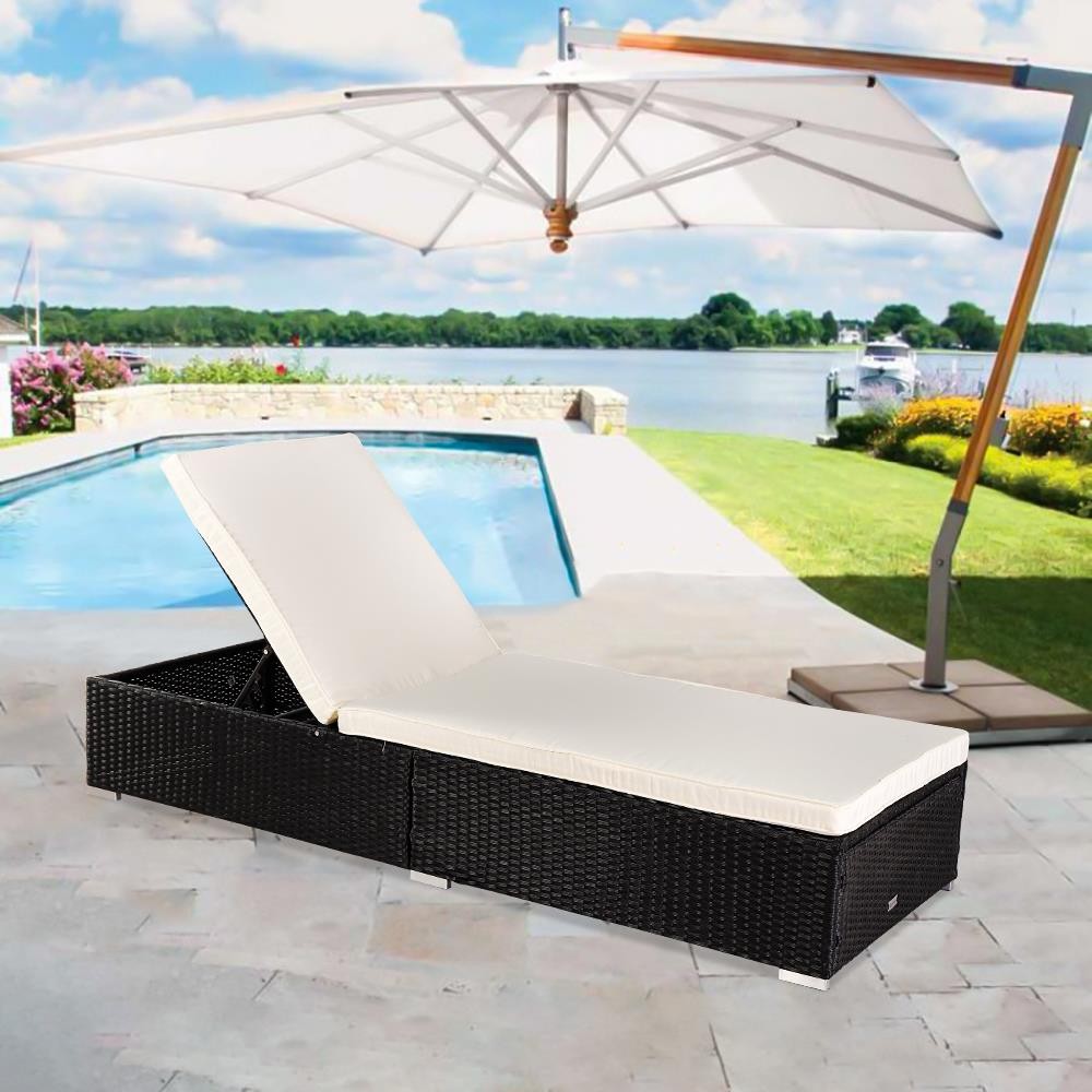 Modern Rattan Outdoor Lounge Chaise Cushion All Weather Patio Chair – Black