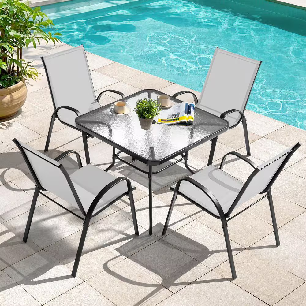 Black 5-Piece Metal and Textilene Square Outdoor Dining Set with Stackable Chair