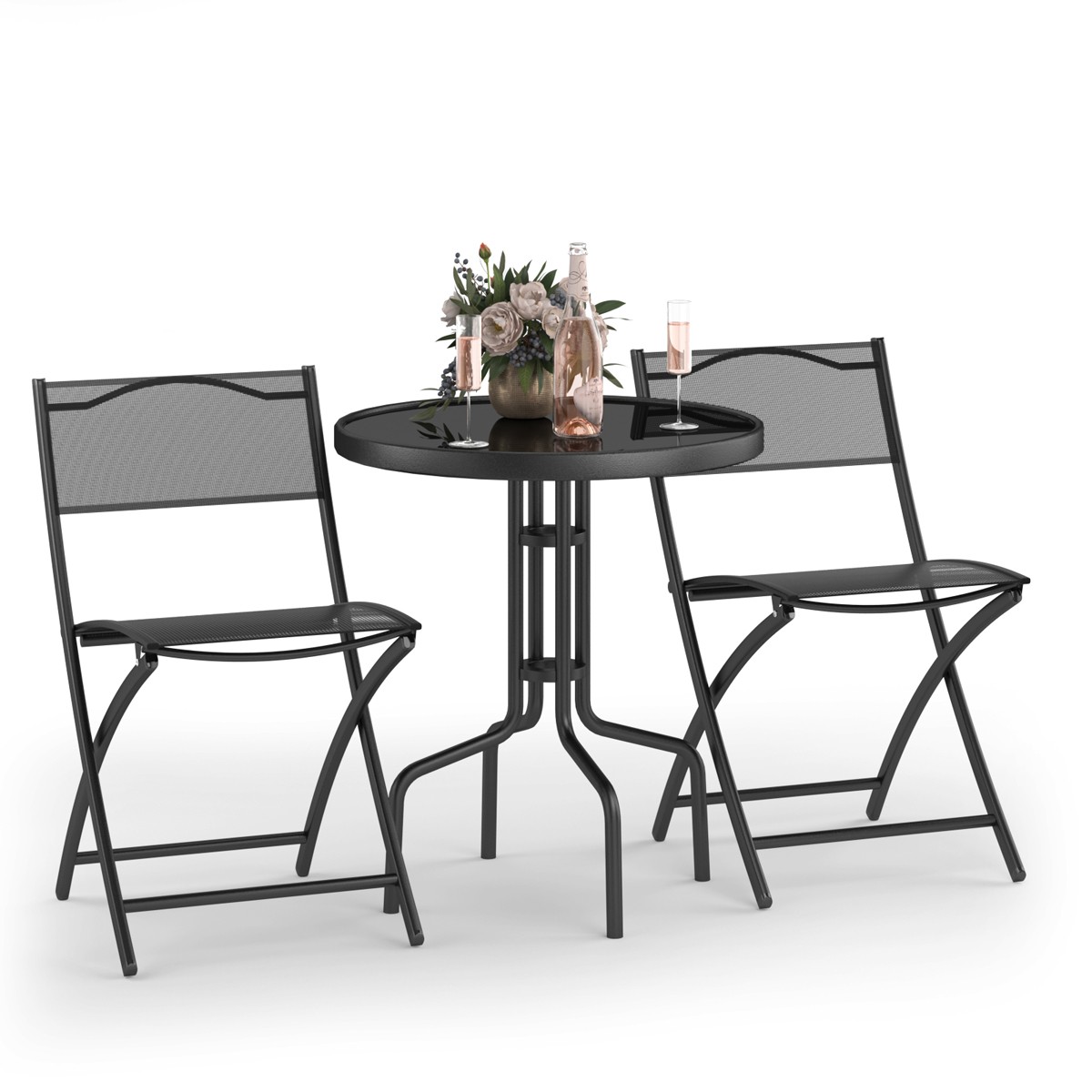 Goplus 3PCS Bistro Set Garden Backyard Table Folding Chairs Outdoor Furniture