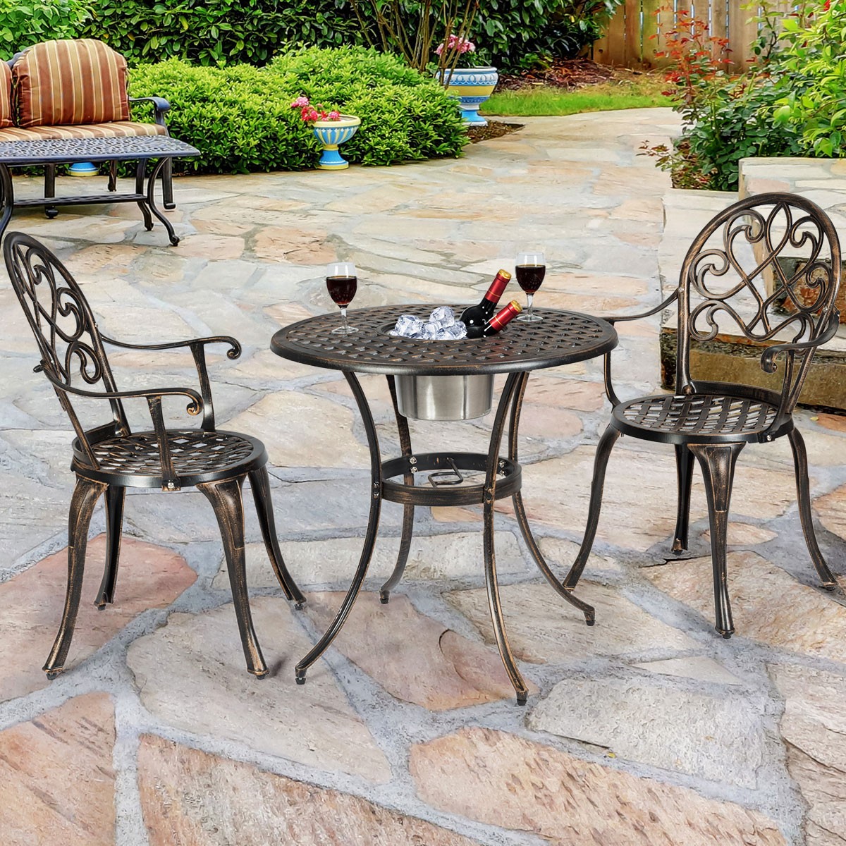 Costway 3PC Cast Aluminum Patio Set Country Yard w/Attached Removable Ice Bucket
