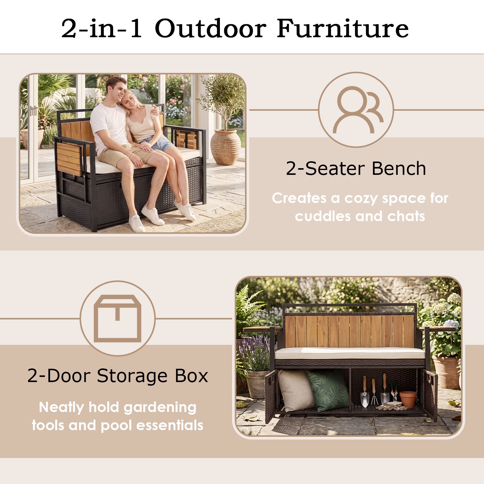 Patio Storage Bench w/2Folding Side Tables,2-Seater Rattan Bench Seat w/Cushion